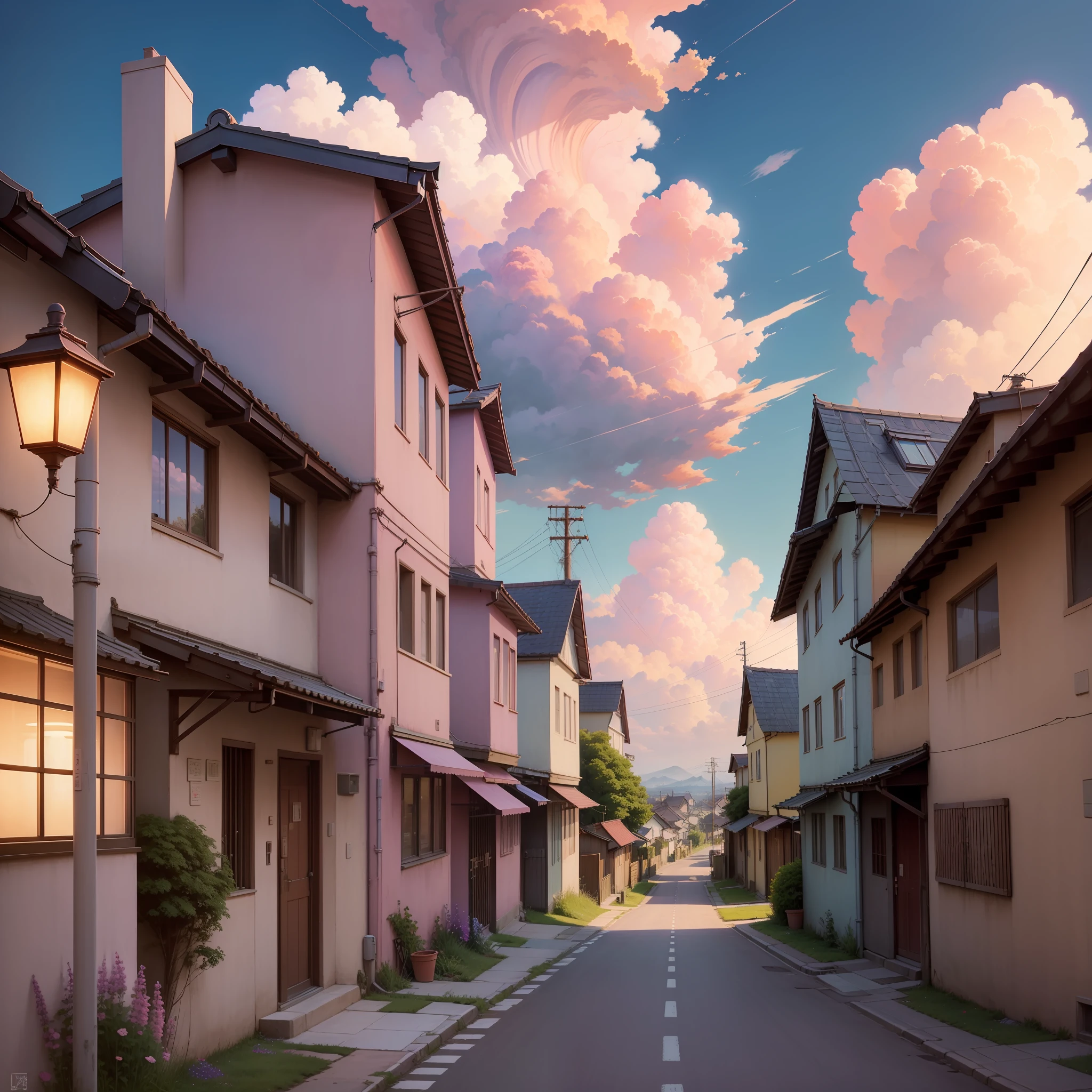 The painting style comes from Hayao Miyazaki,Purple sky,Pink clouds,Streets in the countryside,wildflowers,electrical wires,the street lights,illumination