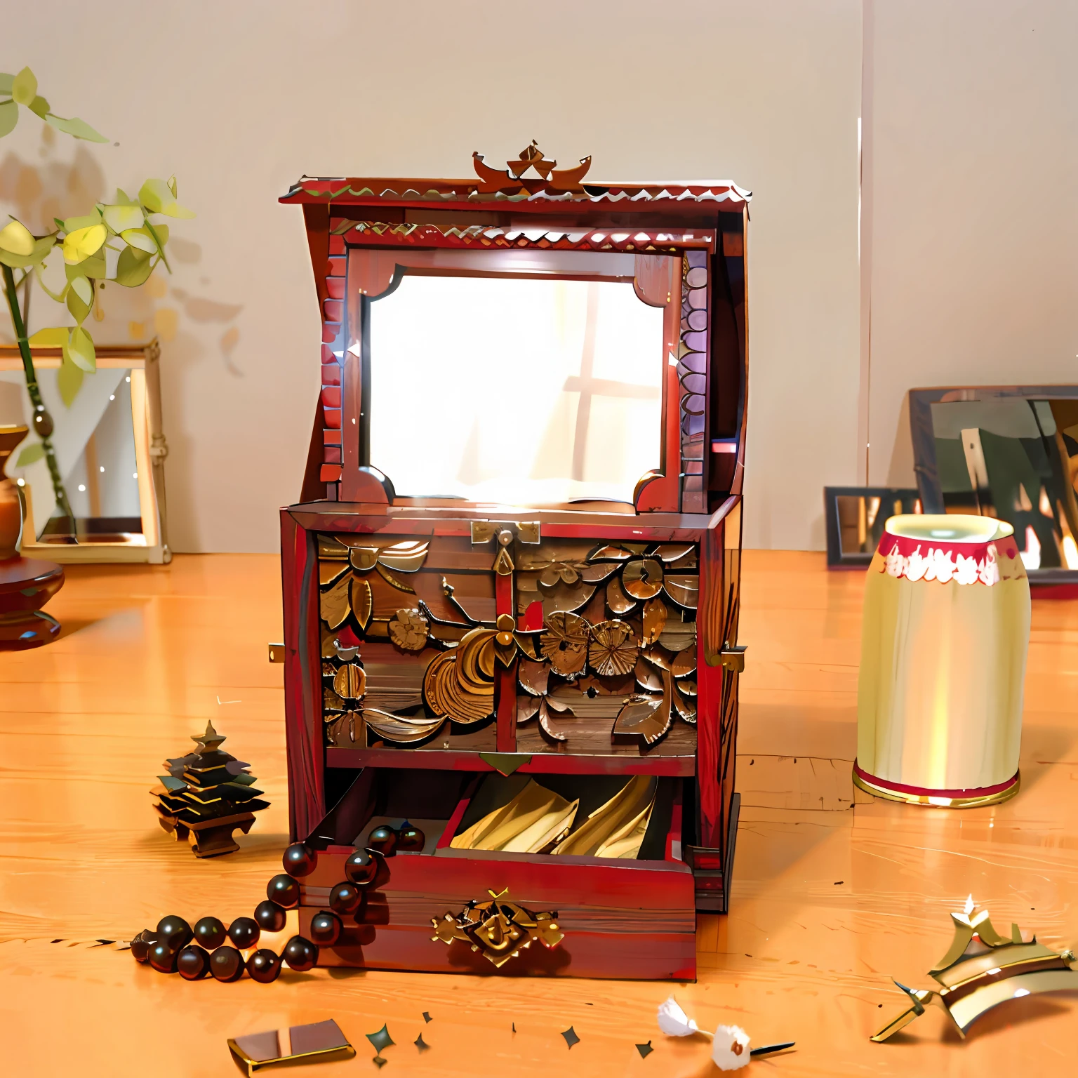 Small wooden box，Inside there is a mirror and an open drawer, Ancient style,  antiquarian， wood cabinets, Retro，dull red，brown pubic fur，Broken mirror，Movie lighting，exquisitedetails，Positive perspective