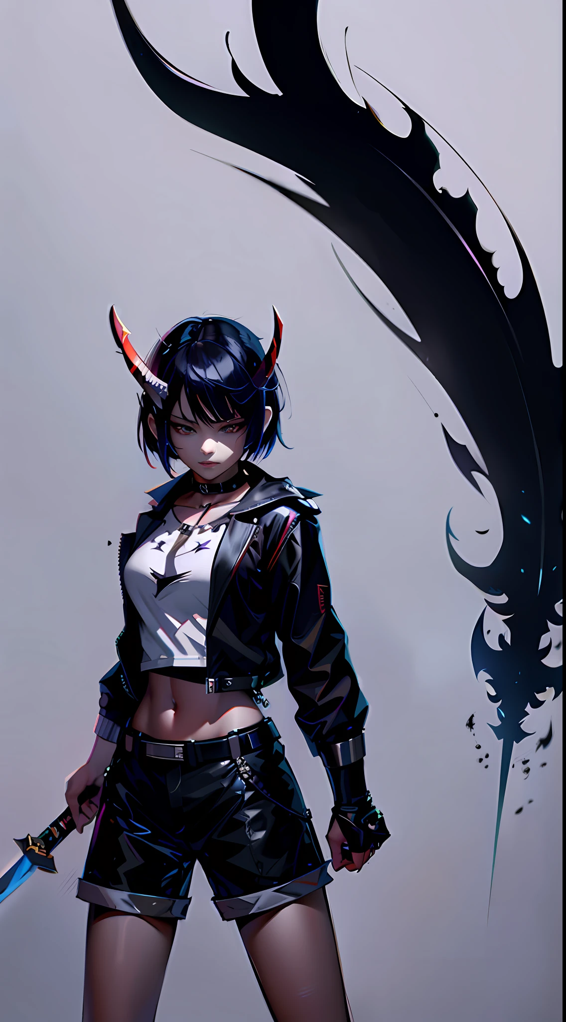 Anime - Style woman with sword and feathers on gray background, demon anime girl, Demon Girl, by Yang J, Guviz-style artwork, portrait of demon girl, anime styled digital art, Badass anime 8 K, author:Shitao, Digital anime art, Guweiz on ArtStation Pixiv, style of anime4 K