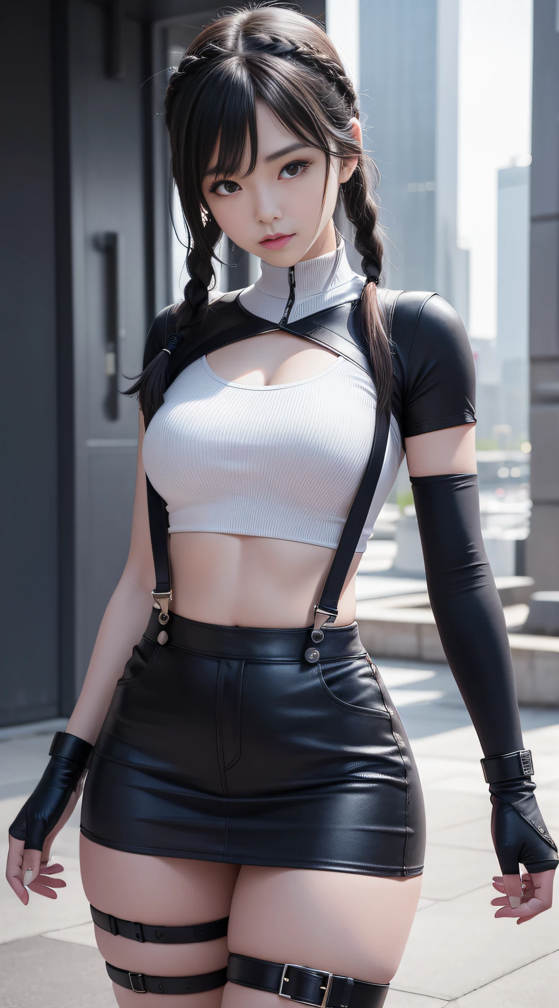 ((best qualtiy)), ((tmasterpiece)), (the detail:1.4), 3D girl, A beautiful cyberpunk female image,hdr(HighDynamicRange),Ray traching,NVIDIA RTX,Hyper-Resolution,Unreal 5,Subsurface scattering、PBR Texture、post-proces、Anisotropy Filtering、depth of fields、maximum definition and sharpness、Many-Layer Textures、Albedo e mapas Speculares、Surface coloring、Accurate simulation of light-material interactions、perfectly proportions、rendering by octane、Two-colored light、largeaperture、Low ISO、White balance、the rule of thirds、8K raw data、1girll,City park shooting,Tilt view,full bodyesbian;1.5,Twist braids,Suspenders,Superskirt,