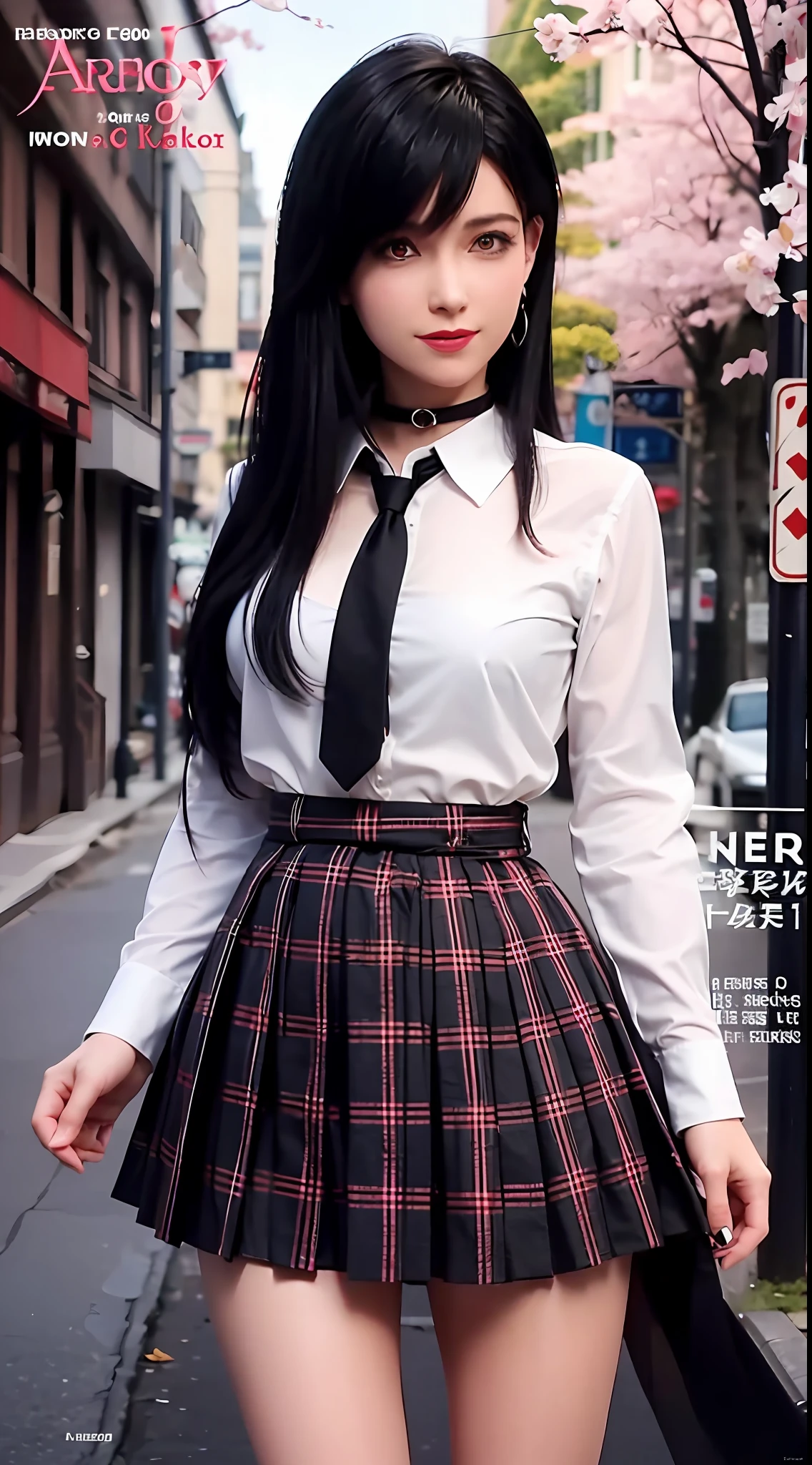 masterpiece, best quality, full body, 1girl, bangs, black choker, black necktie, blonde hair, blue skirt, blush, bracelet, breasts, choker, clothes around waist, collarbone, collared shirt, cowboy shot, dress shirt, ear piercing, eyebrows visible through hair, gradient hair, grin, gyaru, jewelry, kogal, long hair, looking at viewer, loose necktie, necktie, piercing, plaid, plaid skirt, pleated skirt, red eyes, ring, school uniform, shirt, skirt, smile, solo, white shirt, street, sky, cherry blossoms, petals,illustration, (magazine:1.3), (cover-style:1.3), fashionable, woman, vibrant, outfit, posing, front, colorful, dynamic, background, elements, confident, expression, holding, statement, accessory, majestic, coiled, around, touch, scene, text, cover, bold, attention-grabbing, title, stylish, font, catchy, headline, larger, striking, modern, trendy, focus, fashion,