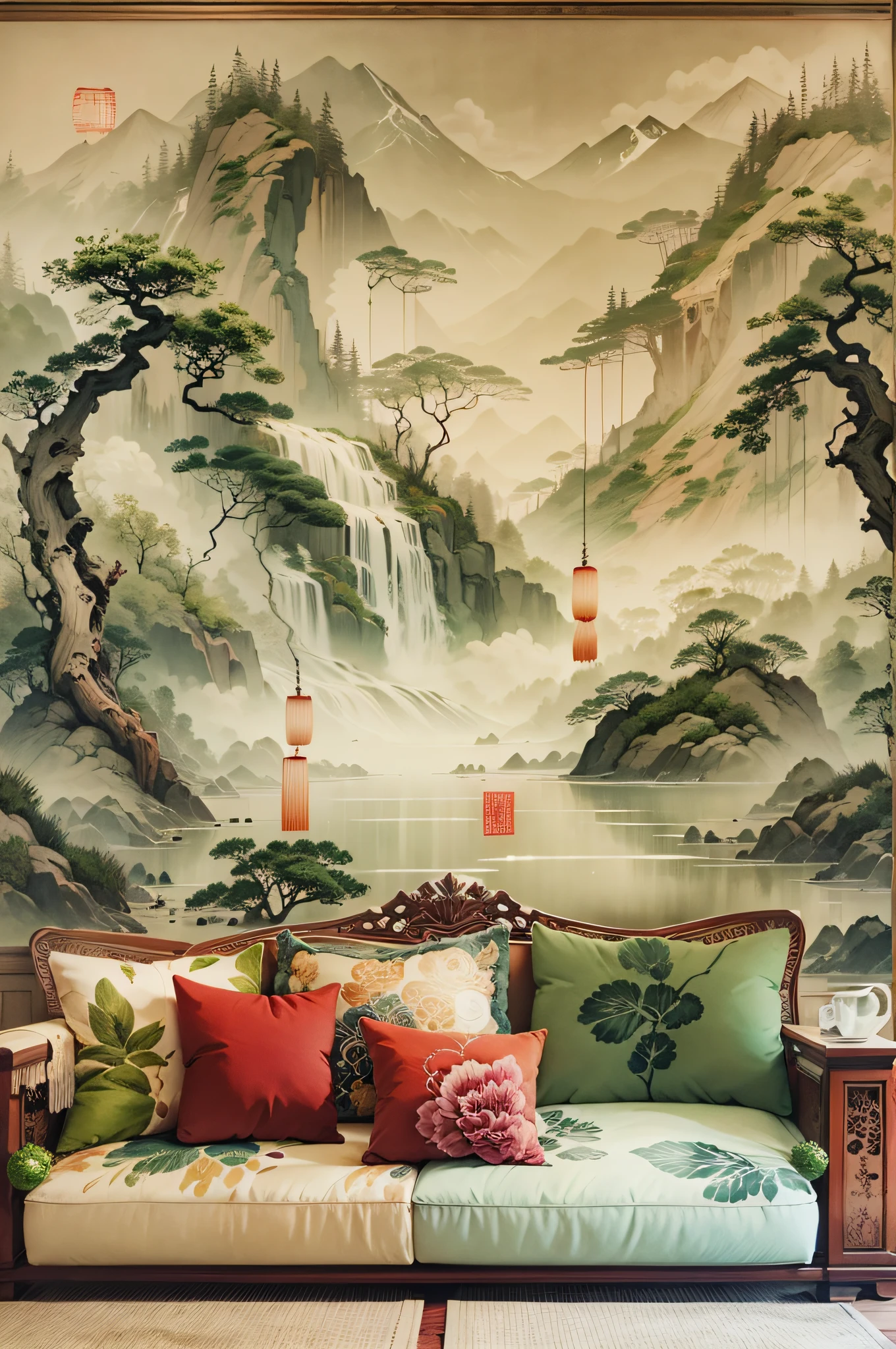 There is a mural behind the sofa in the Chinese living room，water ink，scenecy