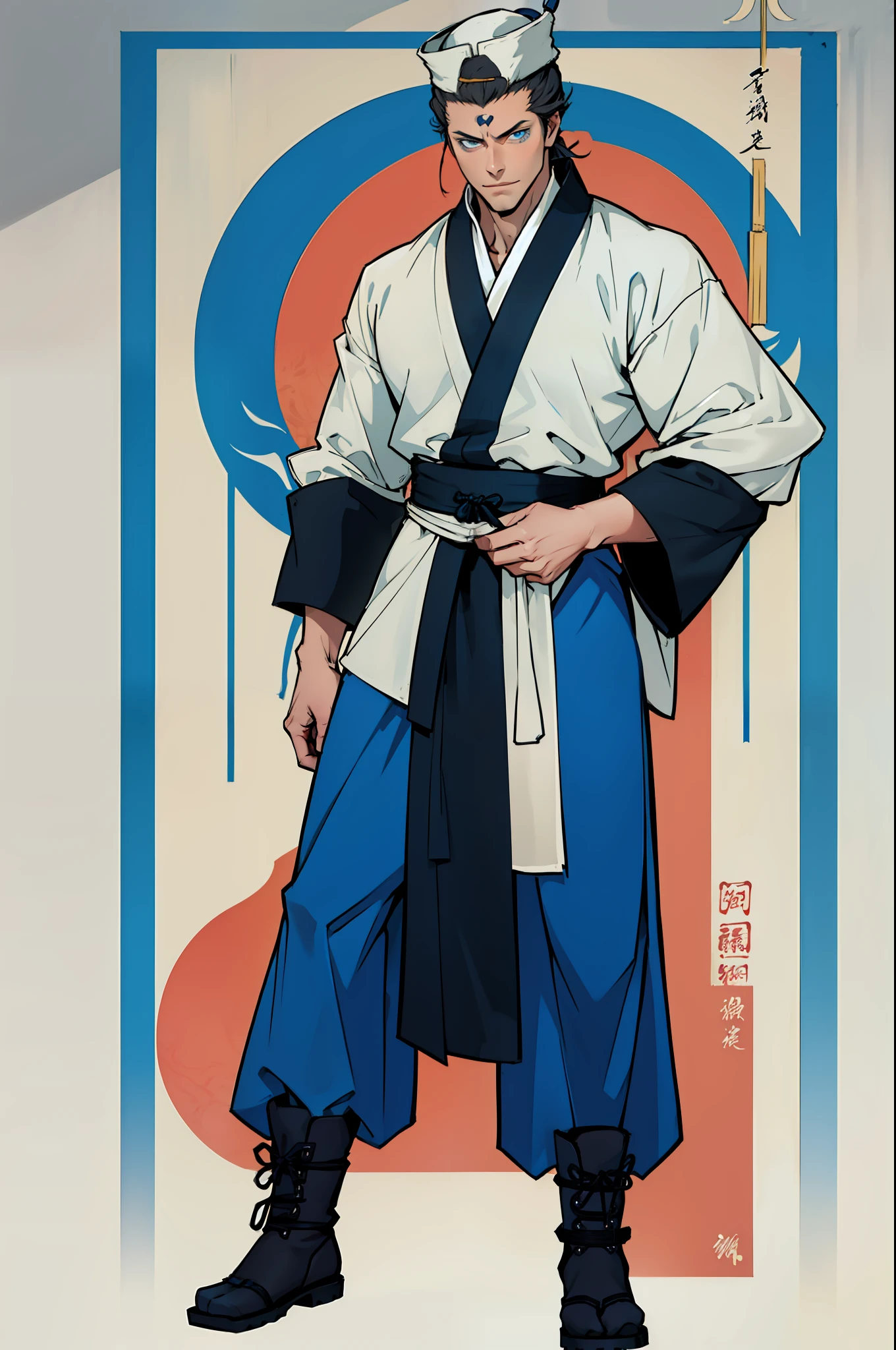 He is a man dressed in ancient costumes of the Tang Dynasty，Brunette hair is short，blue color eyes，Thin in size，Beautiful face，On his head is the hat of the ancients of the Tang Dynasty，The robe worn is a blue open-collared robe，It has the momentum of the Tang dynasty poet Li Bai，He has no beard，Age about 25 years，Wear black boots，Draw a full-body image