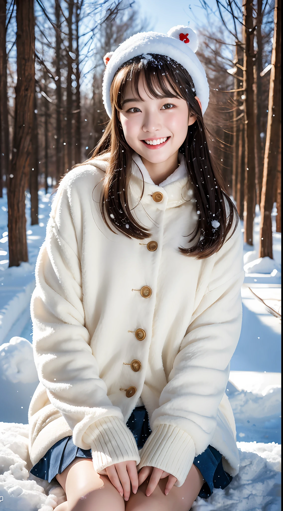 ulzzang-6500-v1.1, (raw photo:1.2), (photorealistic:1.4), beautiful detailed girl, very detailed eyes and face, beautiful detailed eyes, ridiculous, incredibly ridiculous, huge file size, super detailed, high resolution, very detailed, best quality, masterpiece, kemomimi, ((Japanese girls' the Winterswear )), illustration, very detailed, CG, unified, 8k wallpaper, amazing, Fine details, masterpiece, best quality, very detailed CG uniform 8k wallpaper, light on face, cinematic lighting, 1girl, 16 years old, light smile, full body, sitting on rotten wood,((dynamic pose)), winter  background with snow, play with snow,make a snowman