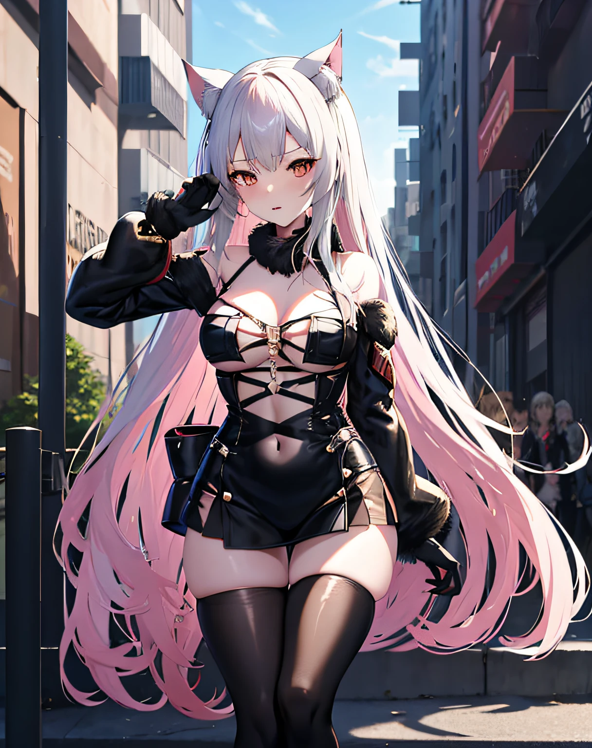 anime girl with long hair and a cat ears posing in front of a building, seductive anime girl, badass anime 8 k, from girls frontline, anime moe artstyle, fine details. girls frontline, azur lane style, beautiful alluring anime woman, rin tohsaka, anime goddess, (anime girl), girls frontline cg, best anime 4k konachan wallpaper