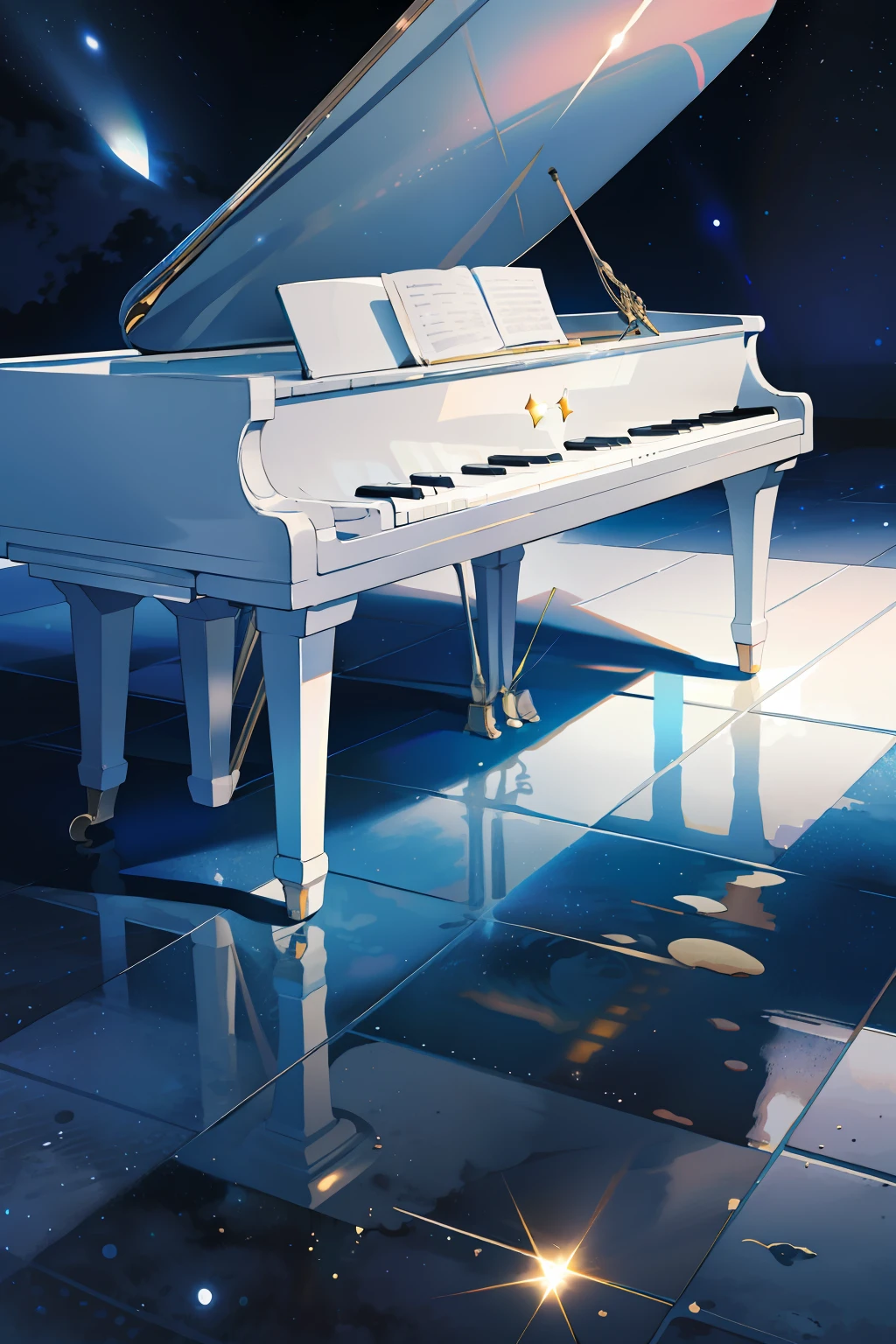White piano,The ground is a mirror,Refracts blue light and shadows,high-definition picture quality,starrysky,dream magical,𝓡𝓸𝓶𝓪𝓷𝓽𝓲𝓬,meteors,Sparkling,Color contrast,Delicate portrayal