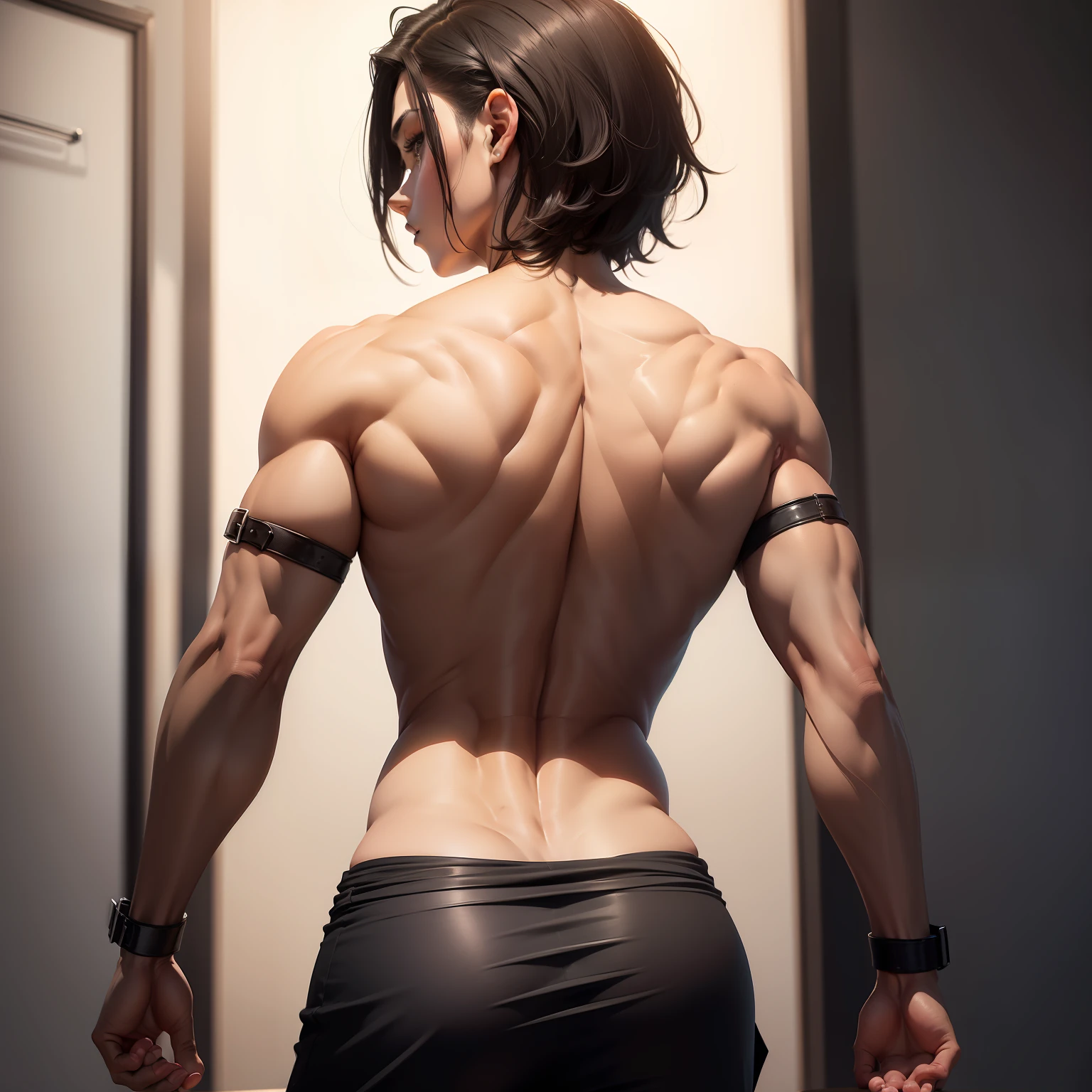 Androgynous boy, NSFW, back, wide hips, single boy, waist-length dark hair, hips sticking out, back arched, hands resting on table, legs spread wide, perfect body, perfect face, perfect image, 8k, tall definition, extremely perfect and realistic image