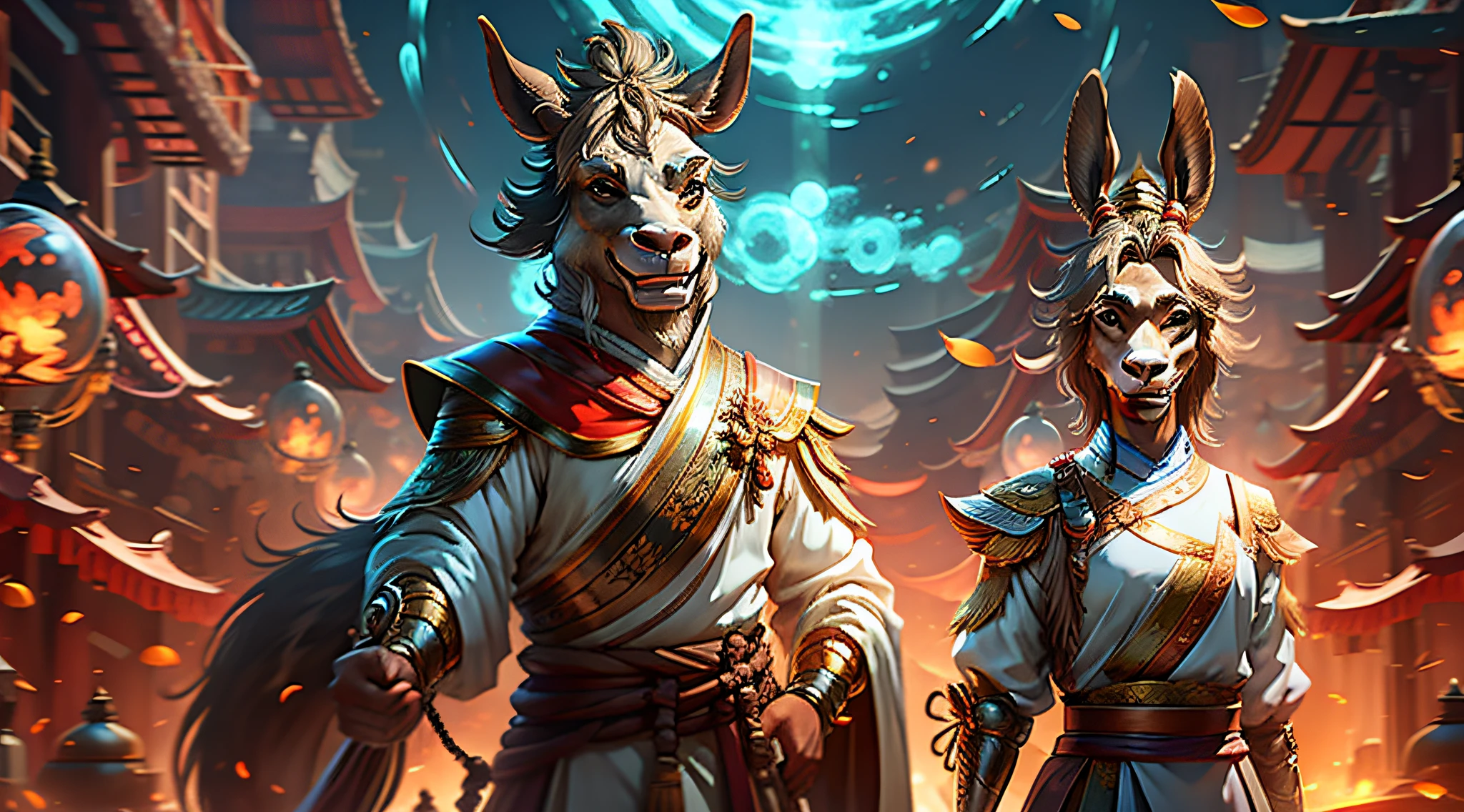 One is dressed in an official uniform，Anthropomorphic donkey with a majestic expression。One in costume，Anthropomorphic chicken with exaggerated expressions。