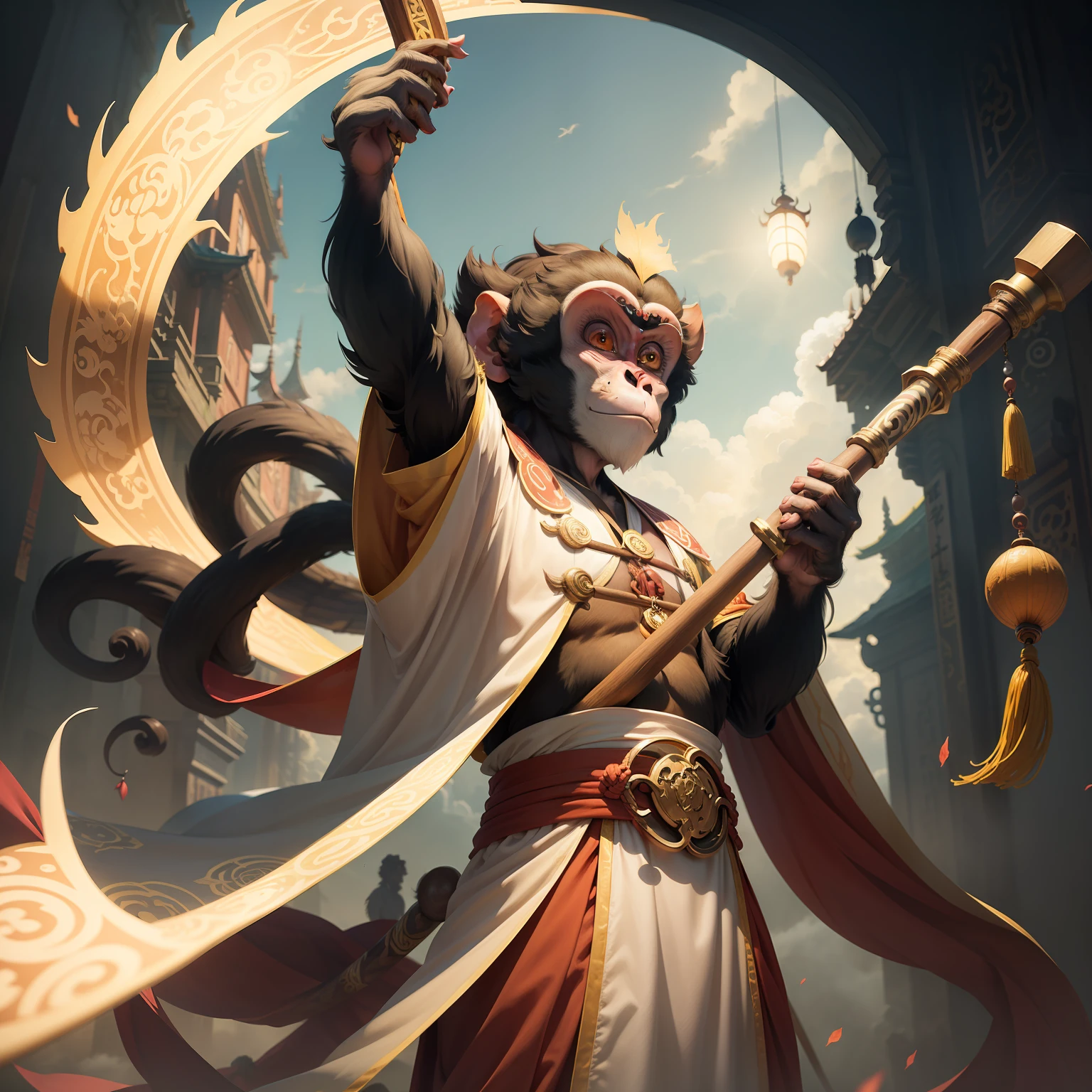 ​masterpiece　animesque　(((Monkey Man)))　Journey to the West Costume Tang Costume Hanfu Cosplay Costume　Holding a gorgeous long decorated cudgel　flying though the air　​​clouds
