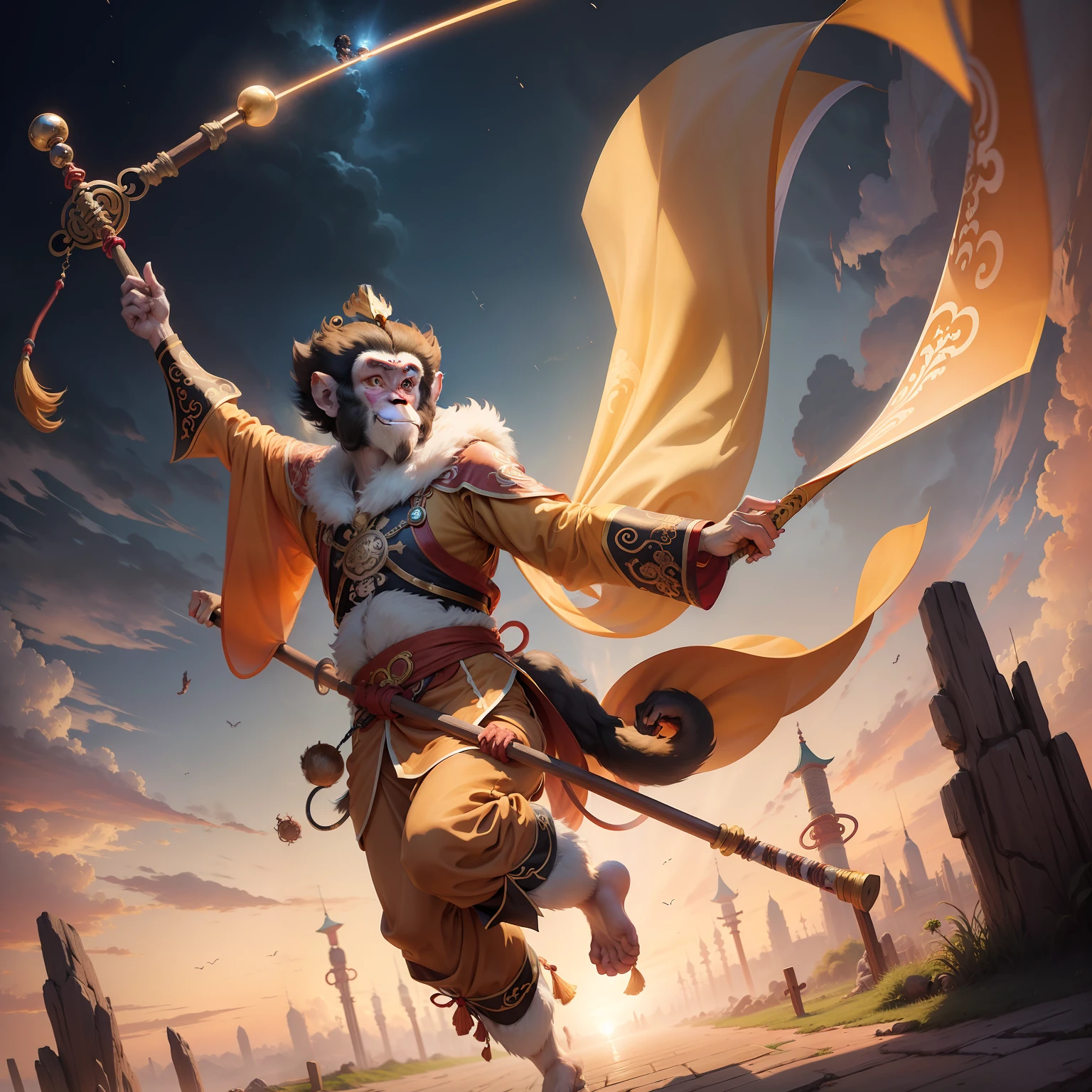 ​masterpiece　animesque　(((Monkey Man)))　Journey to the West Costume Tang Costume Hanfu Cosplay Costume　Holding a gorgeous long decorated cudgel　flying though the air　​​clouds