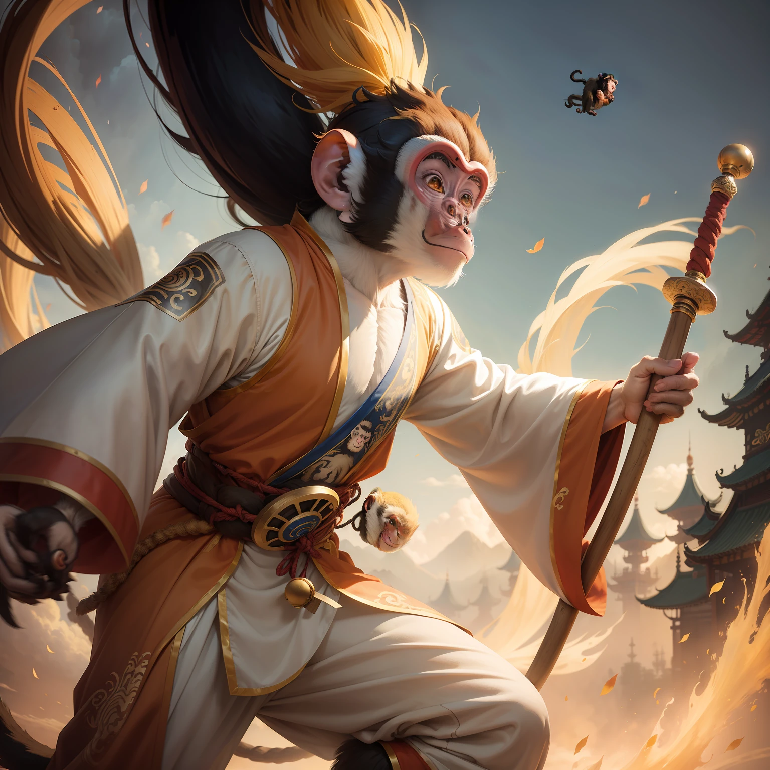 ​masterpiece　animesque　(((Monkey Man)))　Journey to the West Costume Tang Costume Hanfu Cosplay Costume　Holding a gorgeous long decorated cudgel　flying though the air　​​clouds