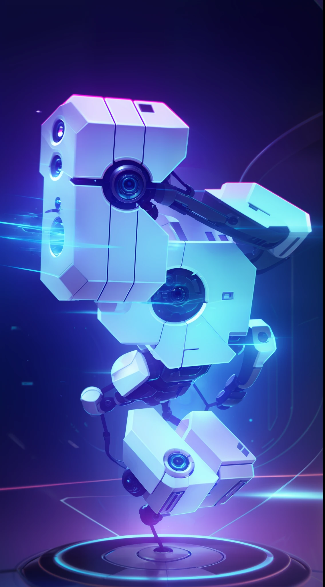 A robot is flying over a futuristic object on a blue background, strong artificial intelligence, with ai theme, 2 d illustration, 2D illustration, digital 2d animation, endless collaboration with ai, humanoid robots, droid, integrated synthetic android, robotic enhancements, Artificial intelligence, digital 2d illustration, Beautiful robot character design, futuristic nft card game