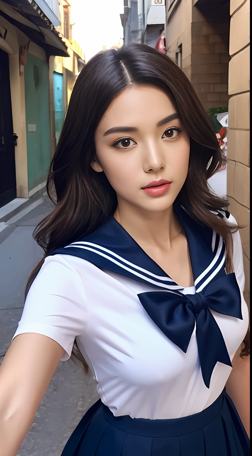 anatomy correct，（best qualtiy，8K，32K，tmasterpiece，hyper HD：1.3），Snack Street，Attractive Japanese woman，（Different angles，Different costumes，Seven-doppelganger photo：1.1），one-girl，（middlebreast：1.1），perfect bodies，（sailor shirt,pleated skirt：1.3），Super detailed face，Detailed lips，Fine Eye，二重まぶた，（Moonlight：1.2）