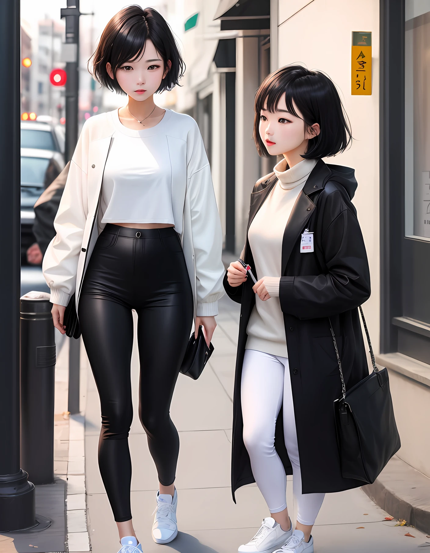 with short black hair,There are dull hairs,White coat,The inside is a black skinny sweater,Underneath are white leggings,Girl with white sneakers。