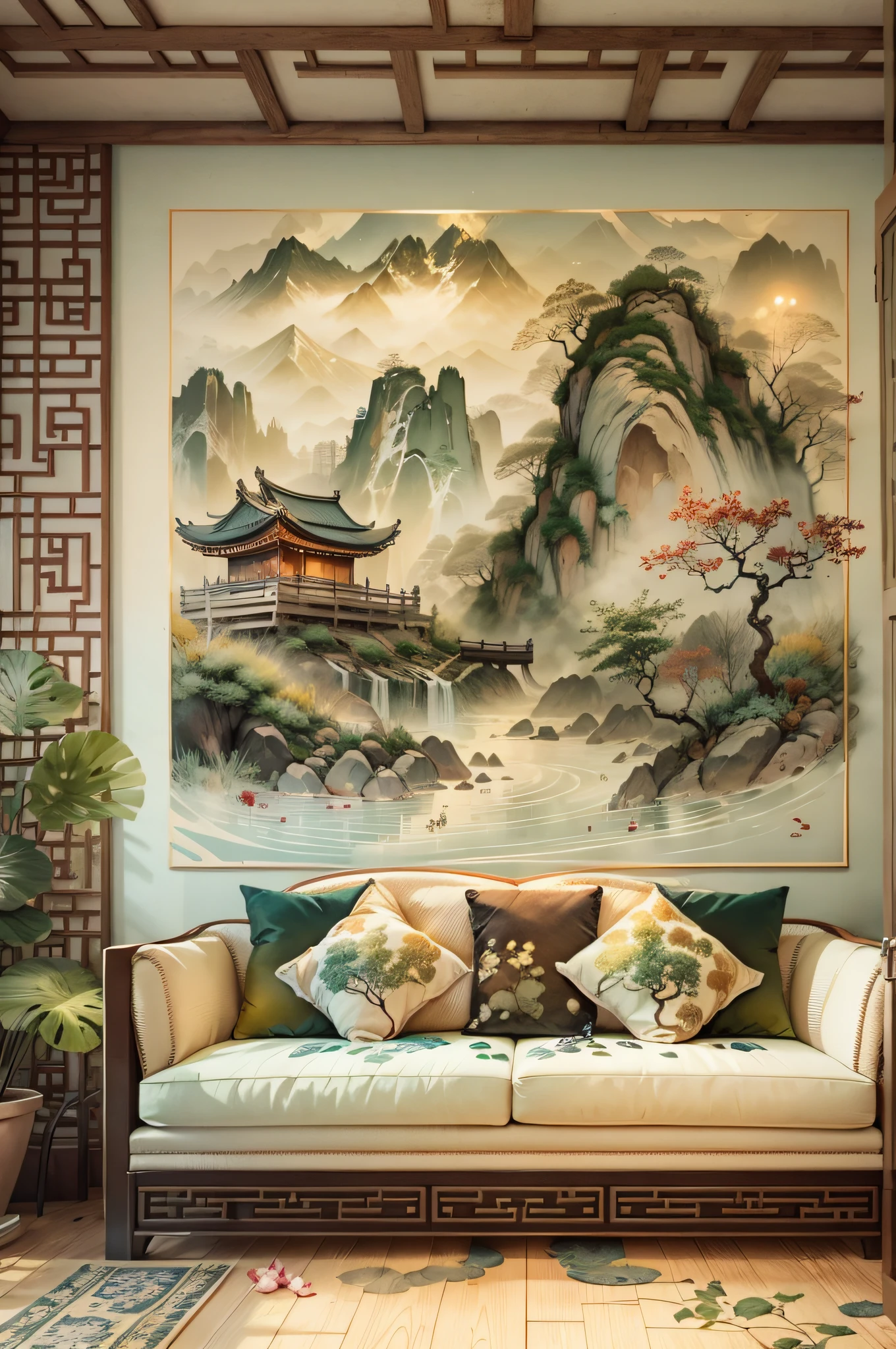 There is a mural behind the sofa in the Chinese living room，water ink，scenecy