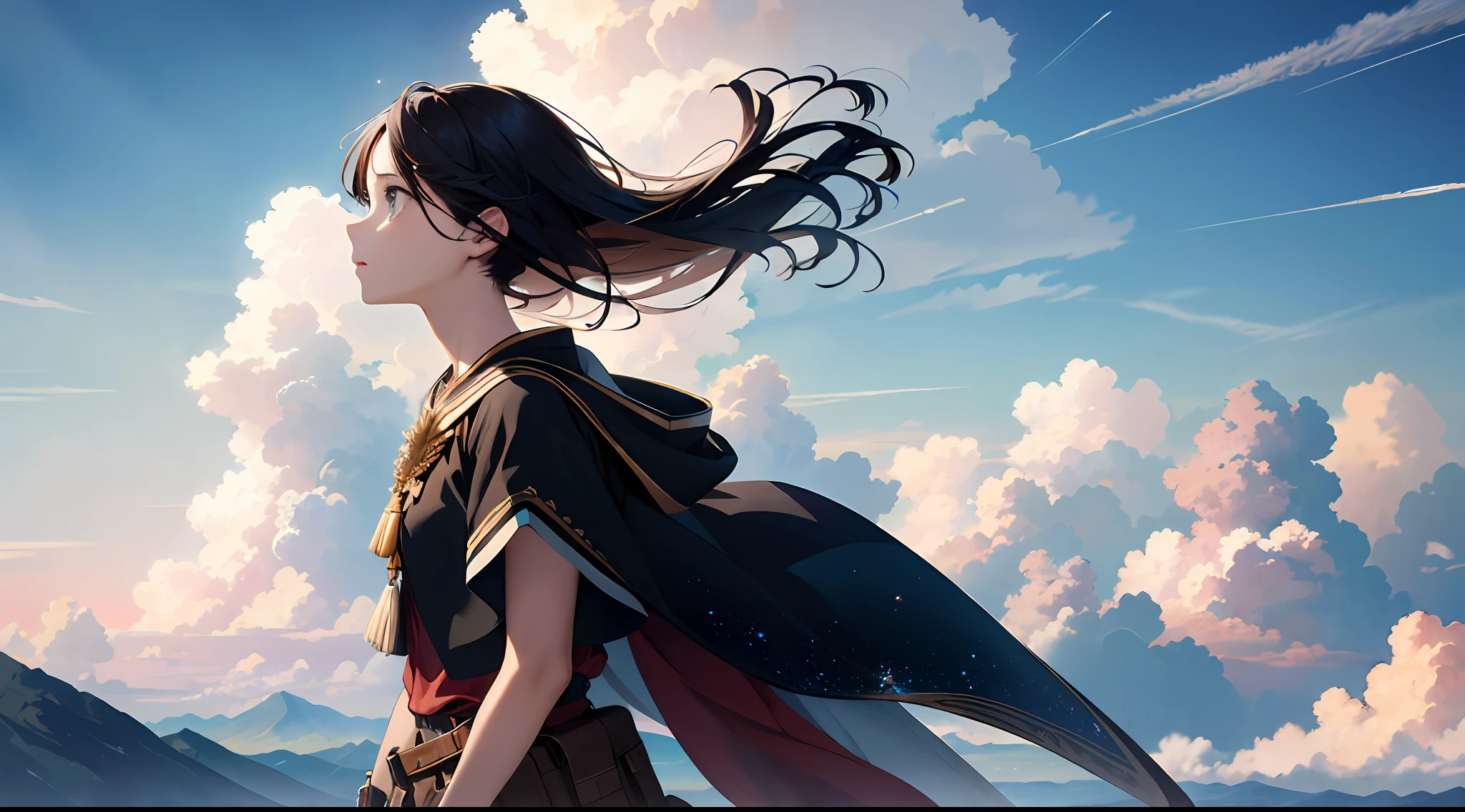 absurdres, highres, (official art, beautiful and aesthetic:1.2), close view,
shining sky, vast world, girl, gazing, awe-inspiring expression, distant horizon, clouds, high hill, natural beauty, inspiration, light effects,