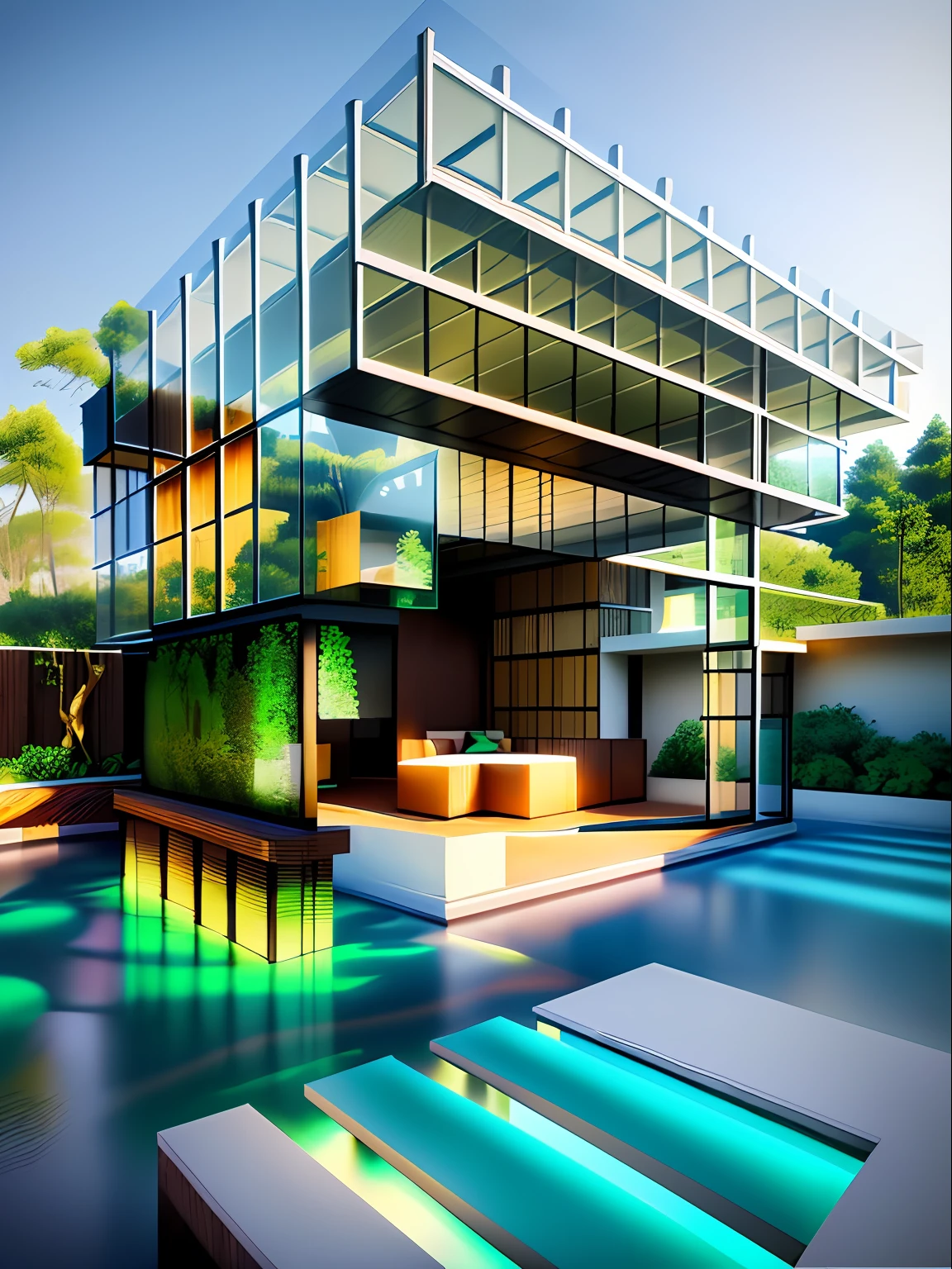Outdoor renderings,Three-dimensional effects,3D,Renderer,real photograph,4K,Postmodern architecture,room lighting,Villas,Glass room,trpical garden,Exquisite and perfect,Photographic photo,Surrounded by woods,Pubic area is clear,non blurry,No glare