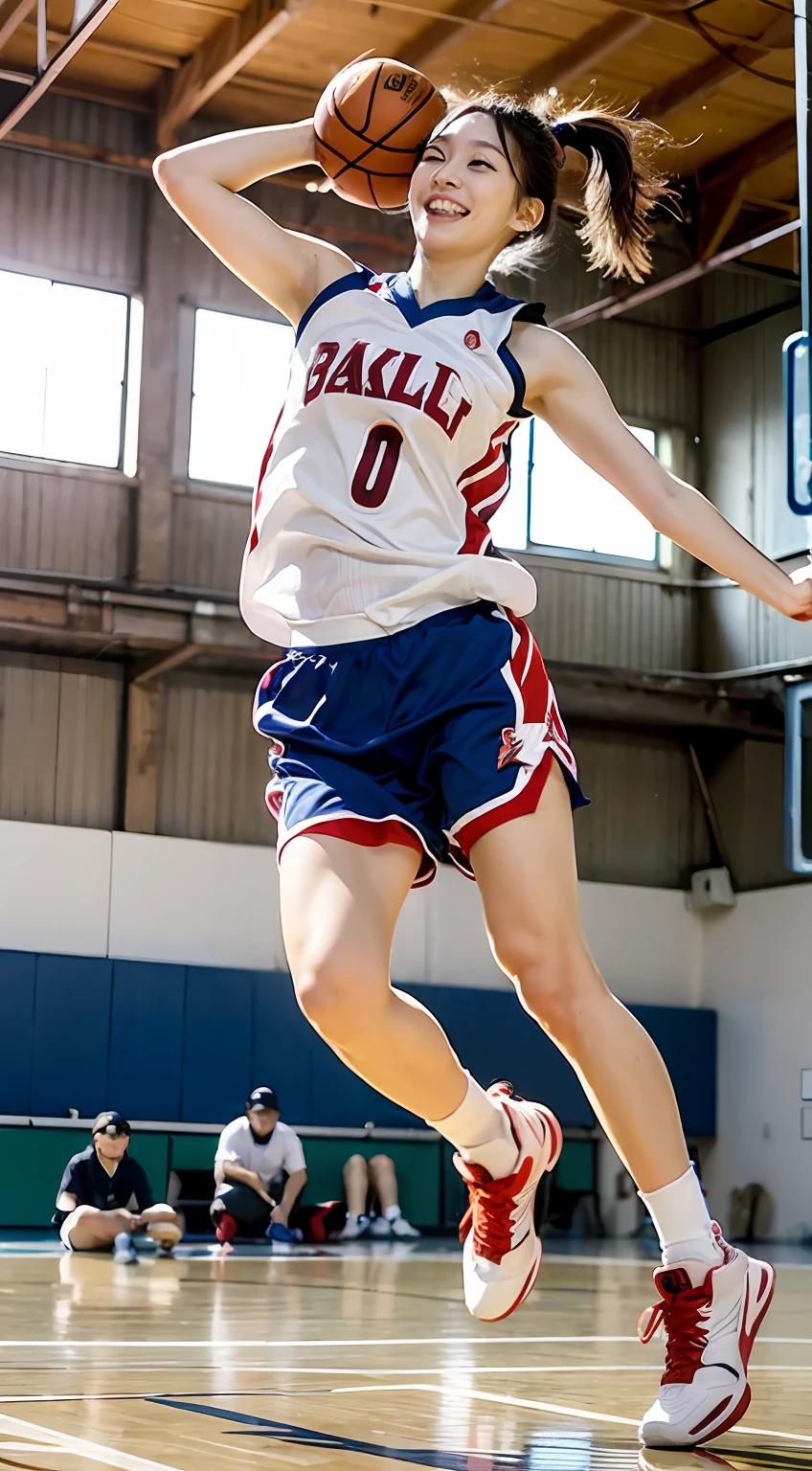 pose for photo、Cute idol woman in Japan、(basketball_uniform:1.Wearing 3)、Colossal tits、A smile that captivates photographers、red brown hair、short ponytail hair、Floating hair、 Good Hand、(((Basketball dribbling、)))(Slam the ball on the court)8K、hight resolution、​masterpiece、top-quality、headw:1.3、Fine detailed skin、Sharp Focus、(电影灯光)、鎖骨、natta、Soft lighting、dynamic ungle、[:(详细的脸:1.2):0.2]、(((Inside the basketball court)))