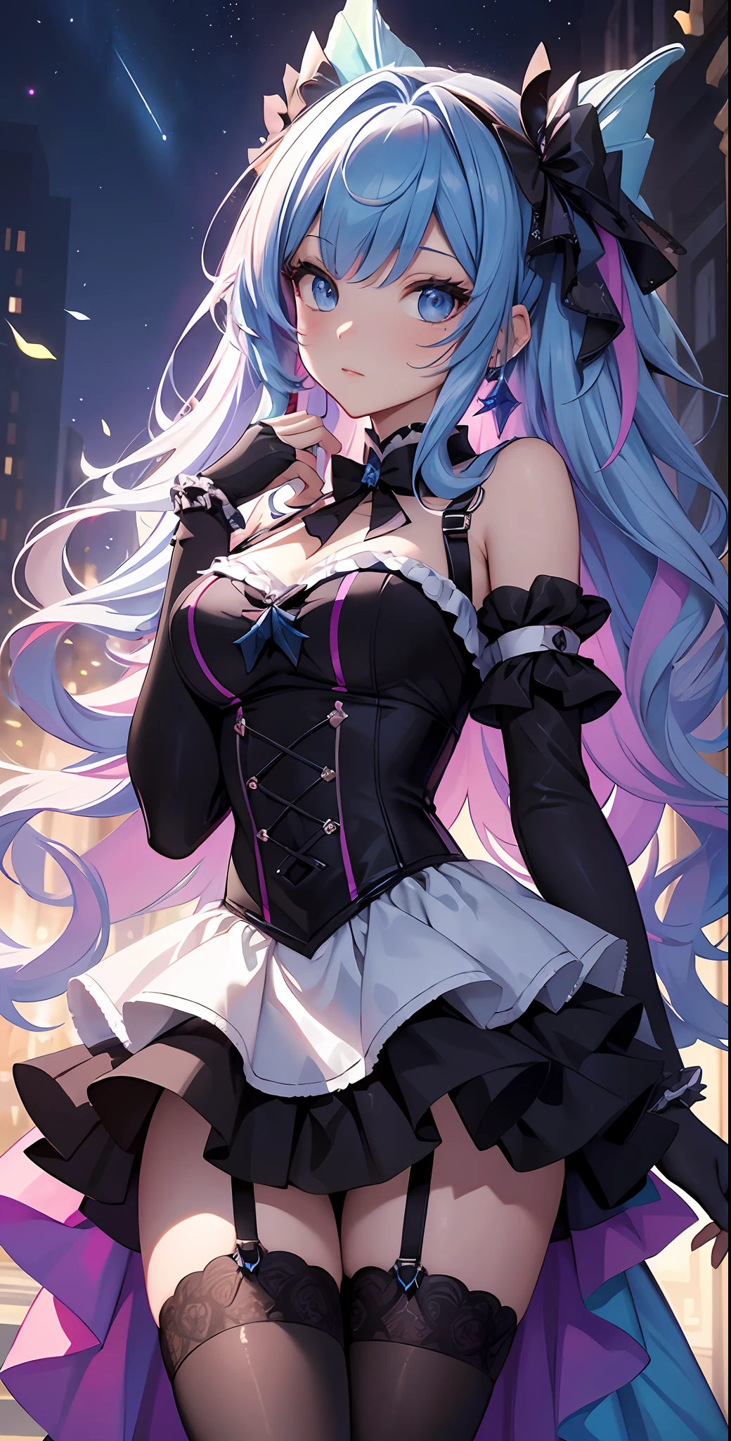 best qualityer,tmasterpiece,Ultimate resolution,downy,Extremely colorful,Colorful,Mermaid princess,Lolita dress,Black suspender stockings,starrysky