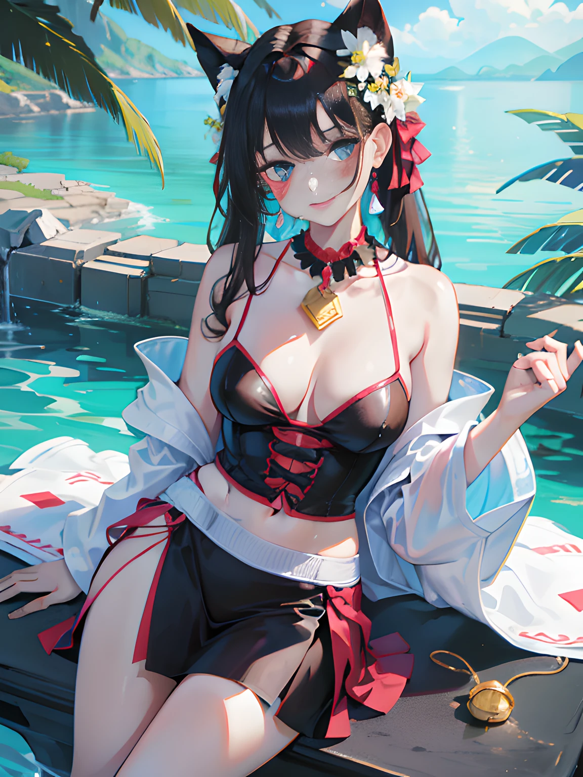 Best quality, Masterpiece, A high resolution, 1girll, Beautiful face, hair adornments, ,,Smile,Lips, （比基尼（the detail））,hair adornments, necklace, jewelry, Long hair, , Pool in the background, Large breasts（Portray the details）, (arms at sides:1.2), full bodyesbian,Eat lollipops，is shy，The body is clearly portrayed（Positive facial features）