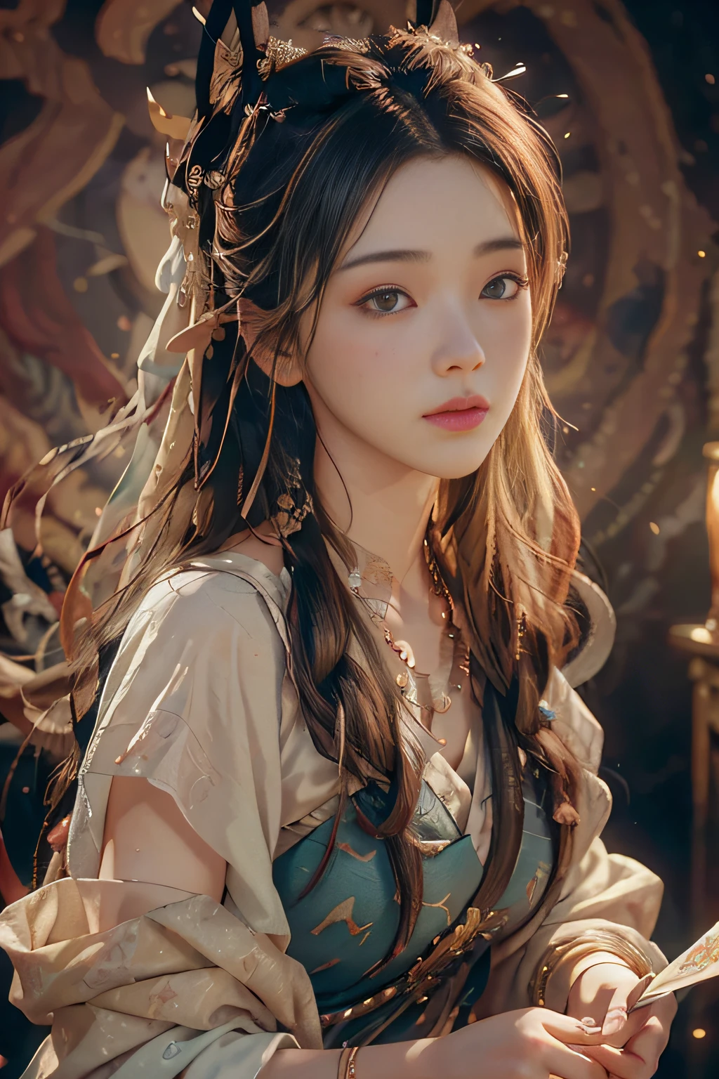 (RAW photo, best quality), (realistic, photo-realistic:1.3),best quality,highly detailed,masterpiece,ultra-detailed,illustration,1girl,upper_body,dynamic angle,world masterpiece theater,messy_long_hair,best quality,extremely detailed CG unity 8k wallpaper,ink,Amazing,cinematic lighting,lens_flare, dunhuang_style