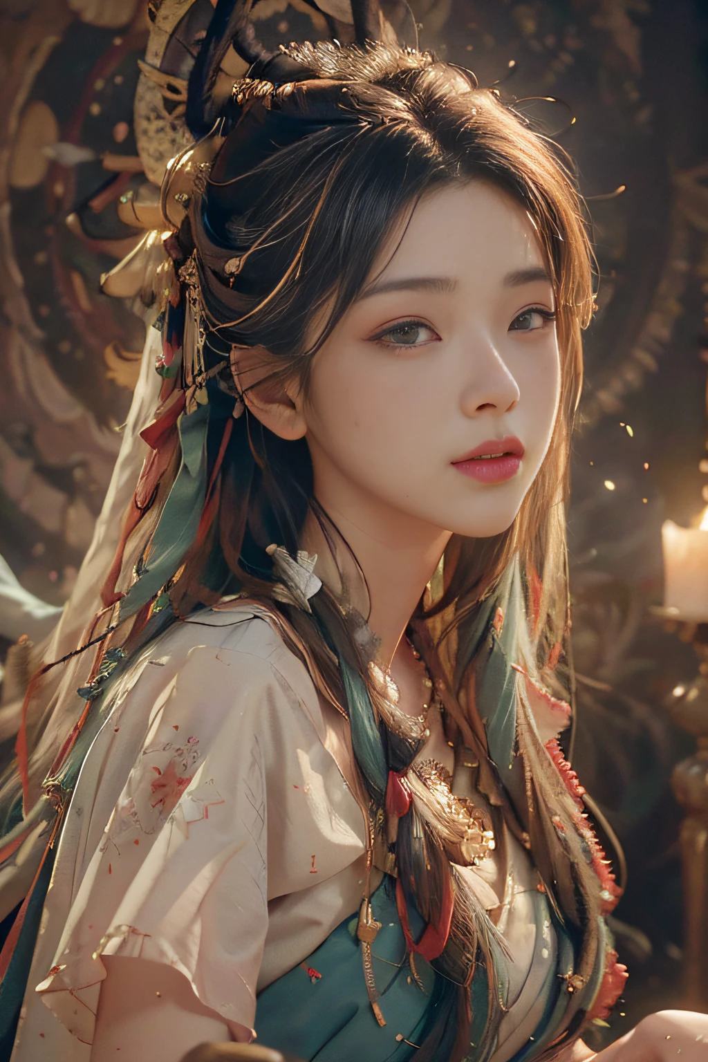 (RAW photo, best quality), (realistic, photo-realistic:1.3),best quality,highly detailed,masterpiece,ultra-detailed,illustration,1girl,upper_body,dynamic angle,world masterpiece theater,messy_long_hair,best quality,extremely detailed CG unity 8k wallpaper,ink,Amazing,cinematic lighting,lens_flare, dunhuang_style