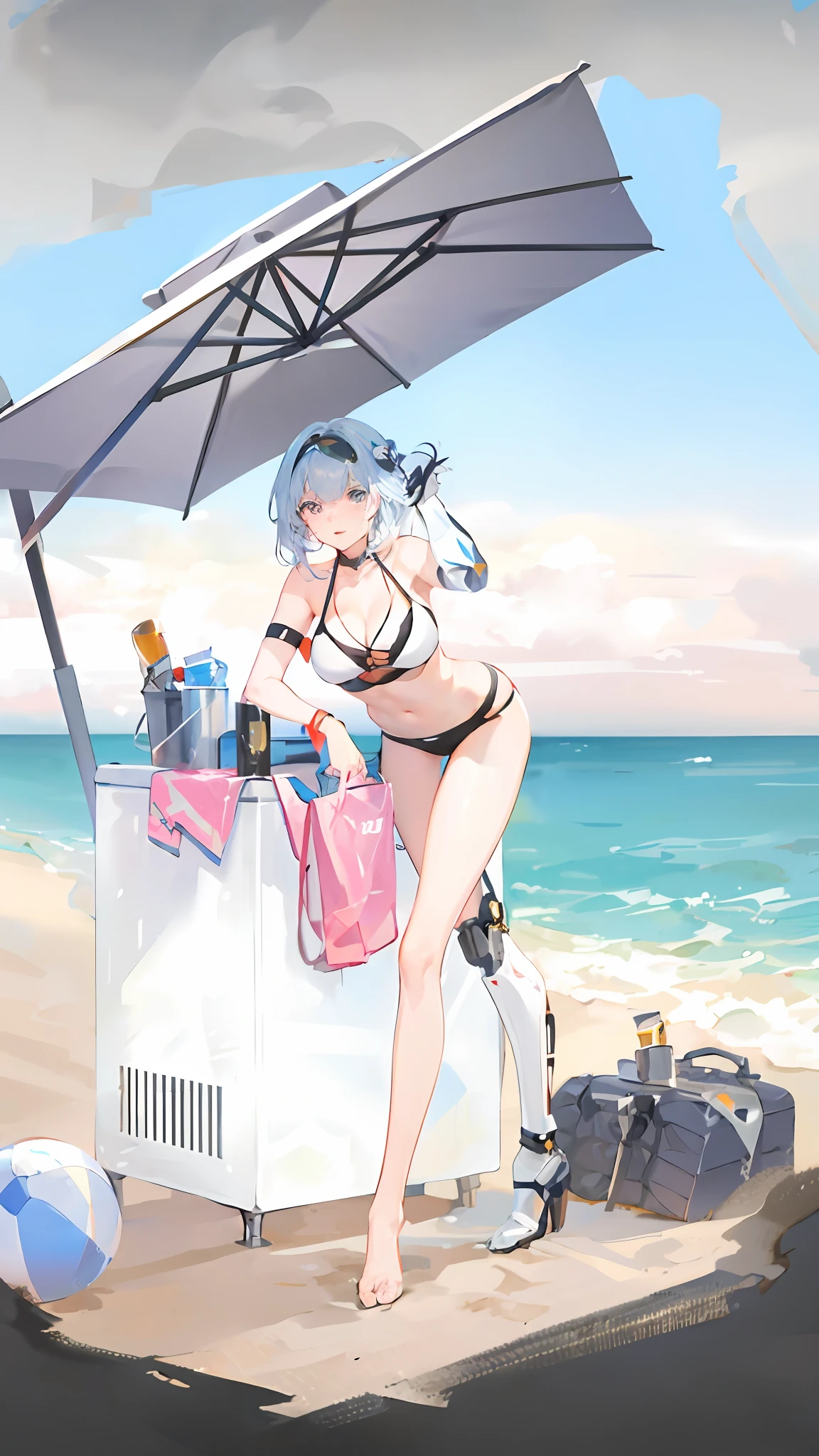 Anime girl standing on beach in bikini with umbrella and beach ball, azur lane style, A scene from the《azur lane》videogame, Kantai collection style, from girls frontline, in beach, on the beach, Bikini + tattered military gear, sandbeach, On a beach, swimsuit, realistic bikini, in the beach, bikini armor, On a sunny beach,The left hand and right leg are mechanical prosthetics