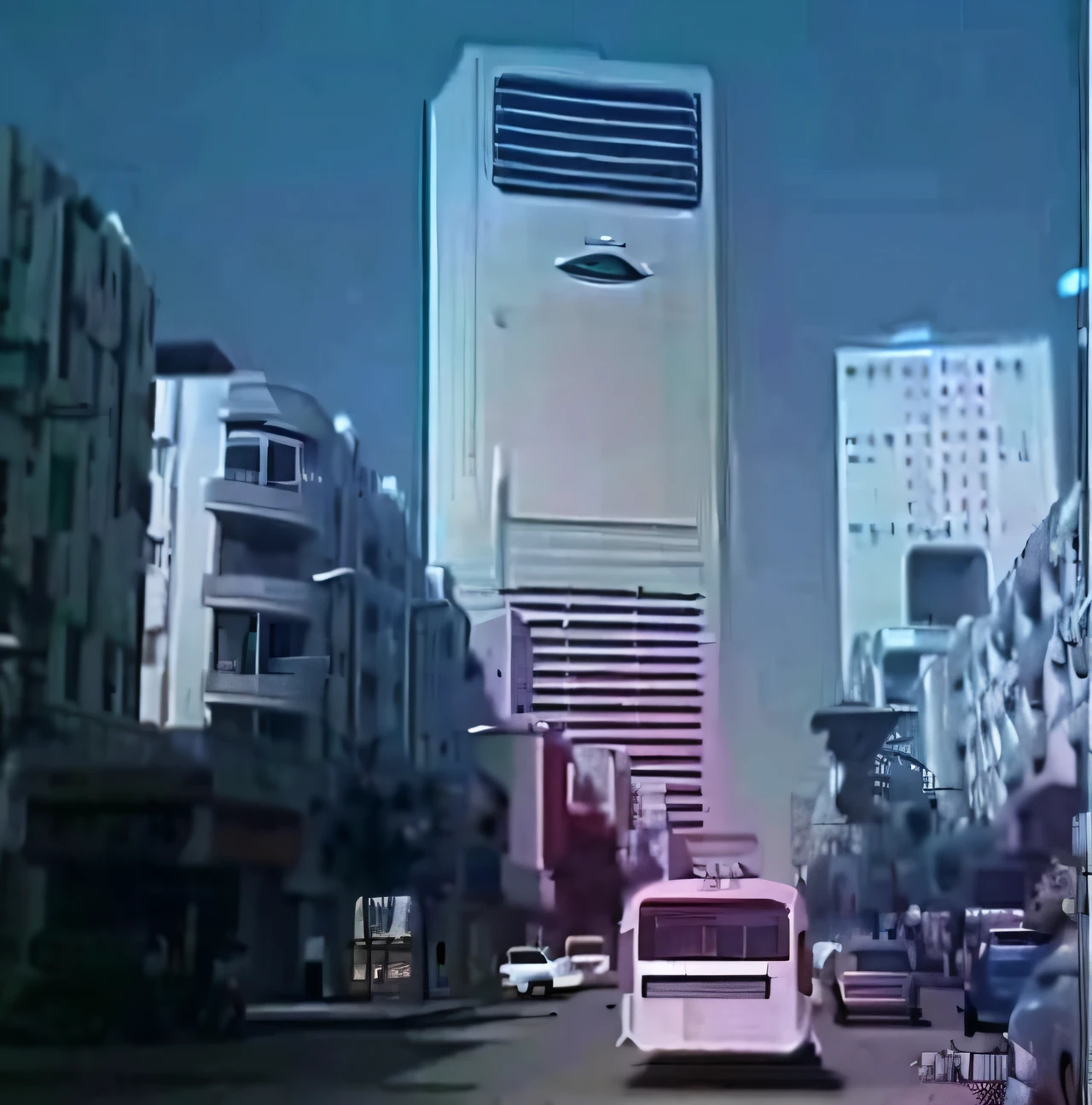 Alafd image of city streets with buses and buildings, the building is a skyscraper, vaporwave city, brutalist alien civilization, futuristic phnom-penh cambodia, 1 9 7 0 s analog video, the ufo is over the city, 1 9 8 0 s analog video, skyscraper, pizza skyscrapers