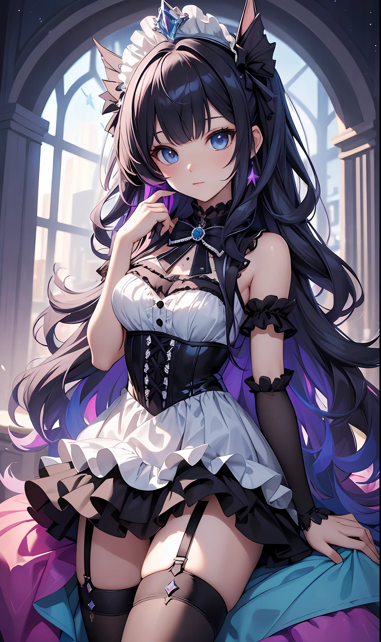 best qualityer，tmasterpiece，Ultimate resolution，downy，Extremely colorful，Colorful，Mermaid princess，Lolita dress，Black suspender stockings，starrysky
