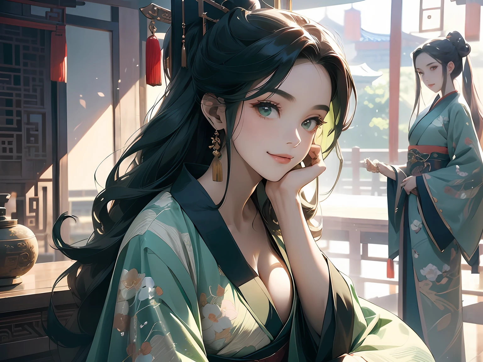 1womanl, old,cabelos preto e longos,Nice face,Pale green hanfu,Sitting on the bedside,Look at the smile,closeup cleavage,Background with:Inside the ancient Chinese royal room
