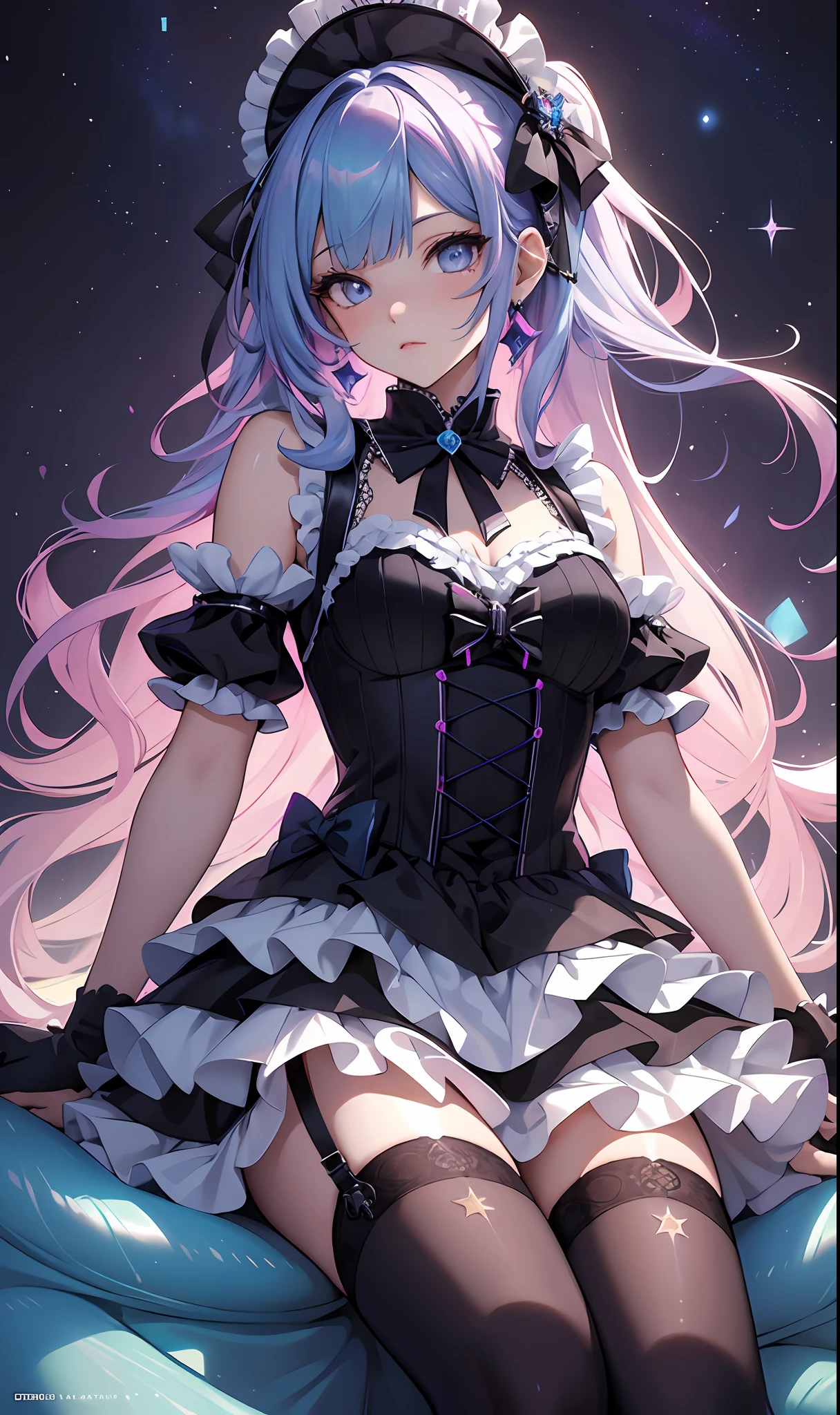 best qualityer，tmasterpiece，Ultimate resolution，downy，Extremely colorful，Colorful，Mermaid princess，Lolita dress，Black suspender stockings，starrysky