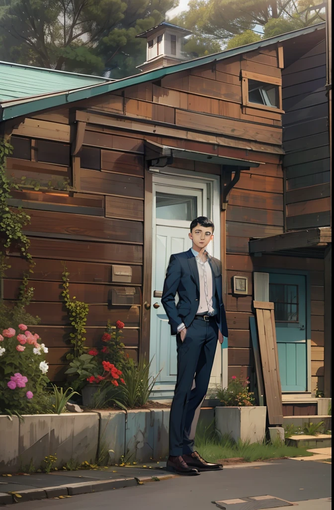 A young man stands in front of the house