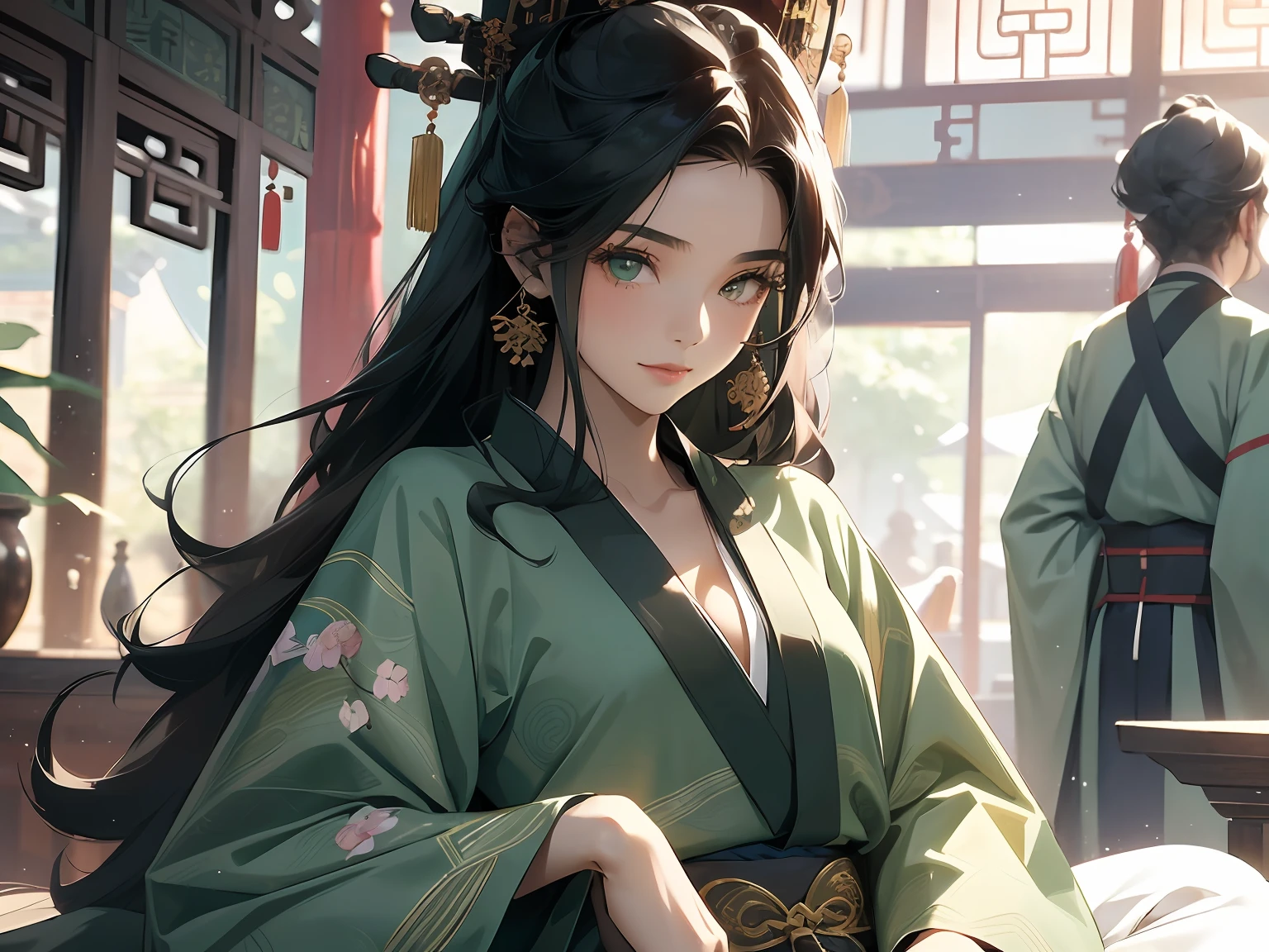 1womanl，16 yaers old，cabelos preto e longos，Nice face,Pale green hanfu，Sitting on the bedside，Look at the smile，Next to 1 man，Black hair and black Hanfu，closeup cleavage，Background with：Inside the ancient Chinese royal room