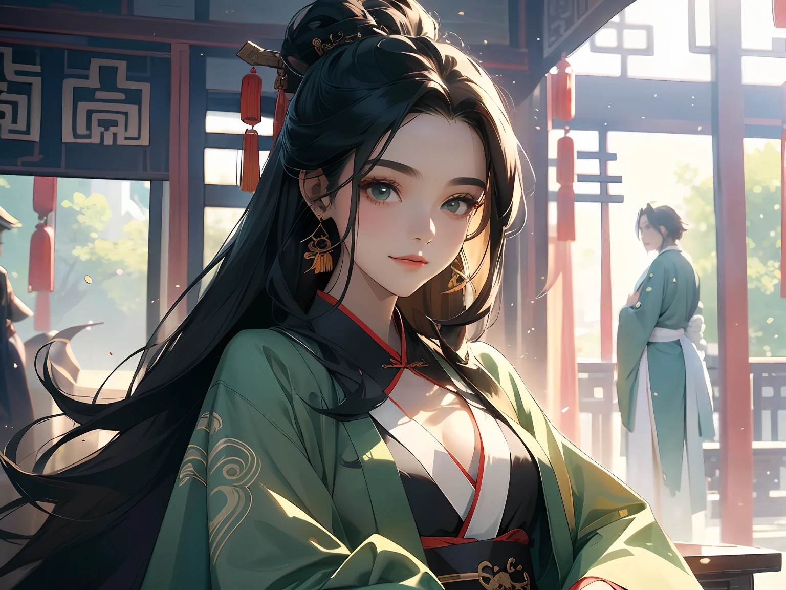 1womanl，16 yaers old，cabelos preto e longos，Nice face,Pale green hanfu，Sitting on the bedside，Look at the smile，Next to 1 man，Black hair and black Hanfu，closeup cleavage，Background with：Inside the ancient Chinese royal room