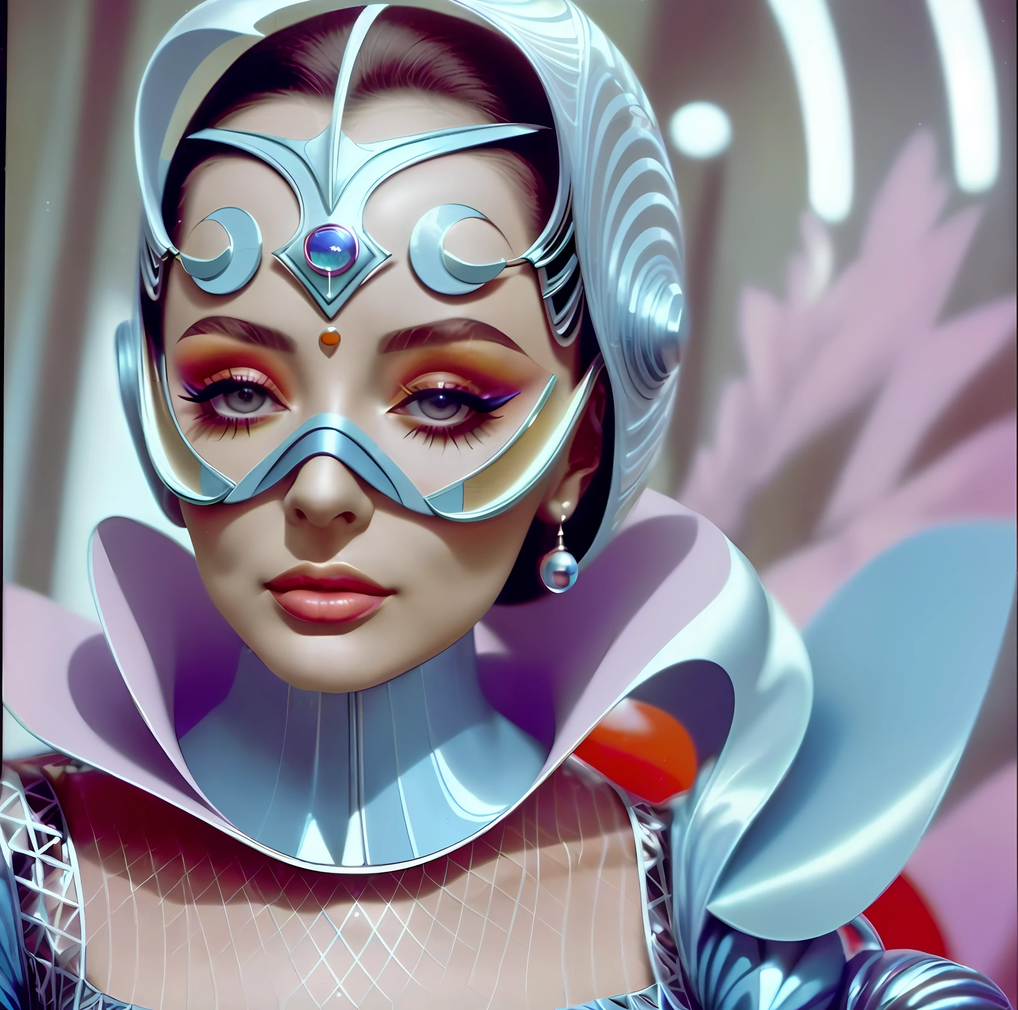 8k portrait of 1960s science fiction by Karel Zeman, Vogue anos 1960, pastels colors, Man with a fish mask wearing futuristic '60s fashion clothes and a woman wearing jewelry in makeup and tech embellishments and wearing futuristic '60s fashion clothes in the park, cena de um filme frances antigo, Luz Natural, Psicodelia, futurista estranho, fotorrealista, hiper detalhado, foco nítido, Intrinsic, mid closeup, Imagem Excepcional.