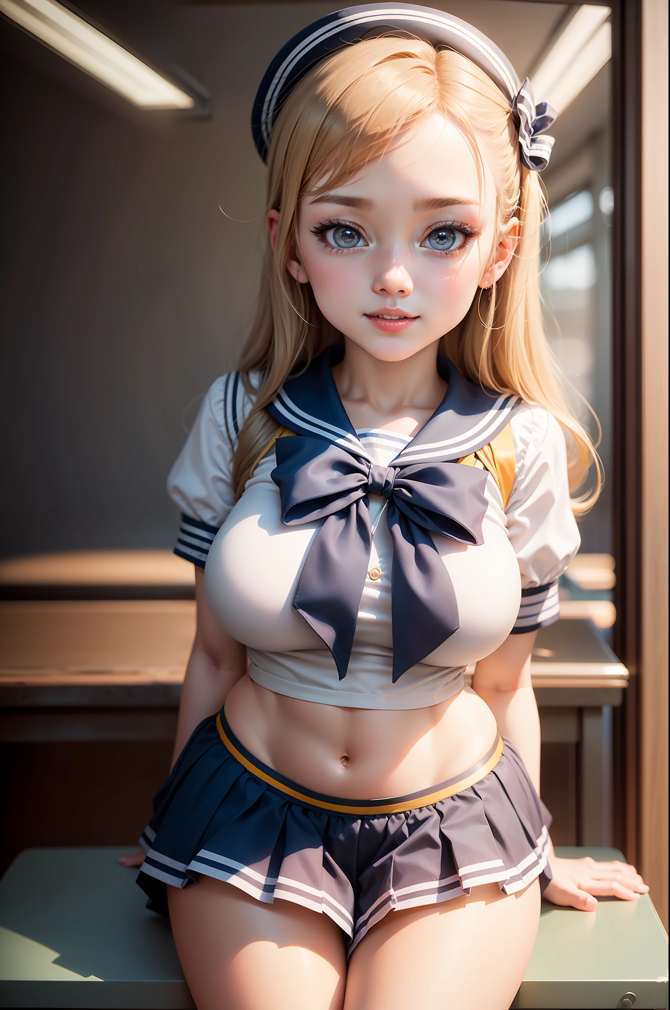 1个Giant Breast Girl,adolable,16 yaers old,ssmile,looking at viewert,sailor uniformm,photore,Hyper Real,Best quality at best,well detailed face,Classroom,Fine background,diffuselighting,depth of fields,Background bokeh