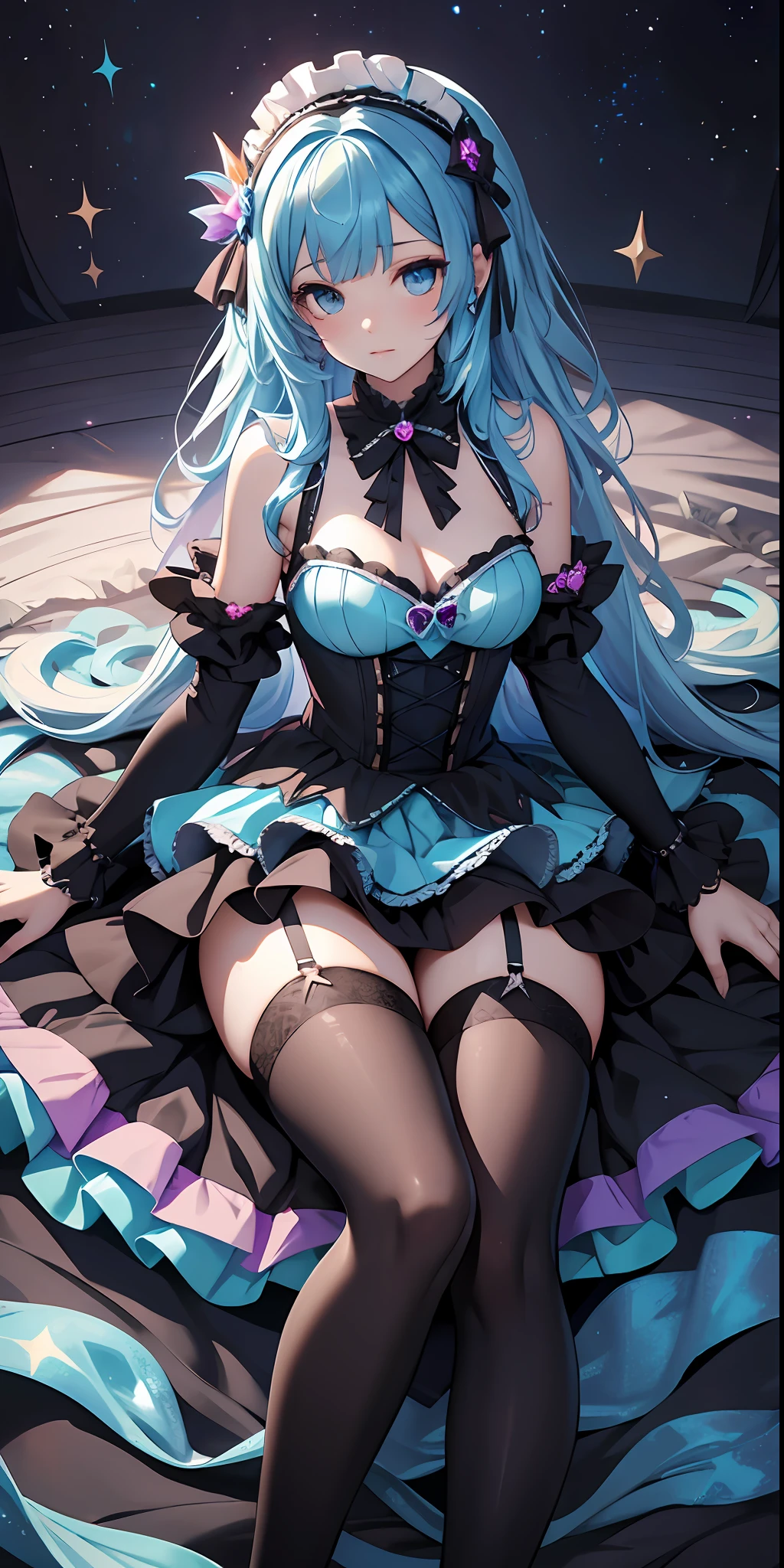 best qualityer,tmasterpiece,Ultimate resolution,downy,Extremely colorful,Colorful,Mermaid princess,ta dress,Black suspender stockings,Fishmouth heels,starrysky