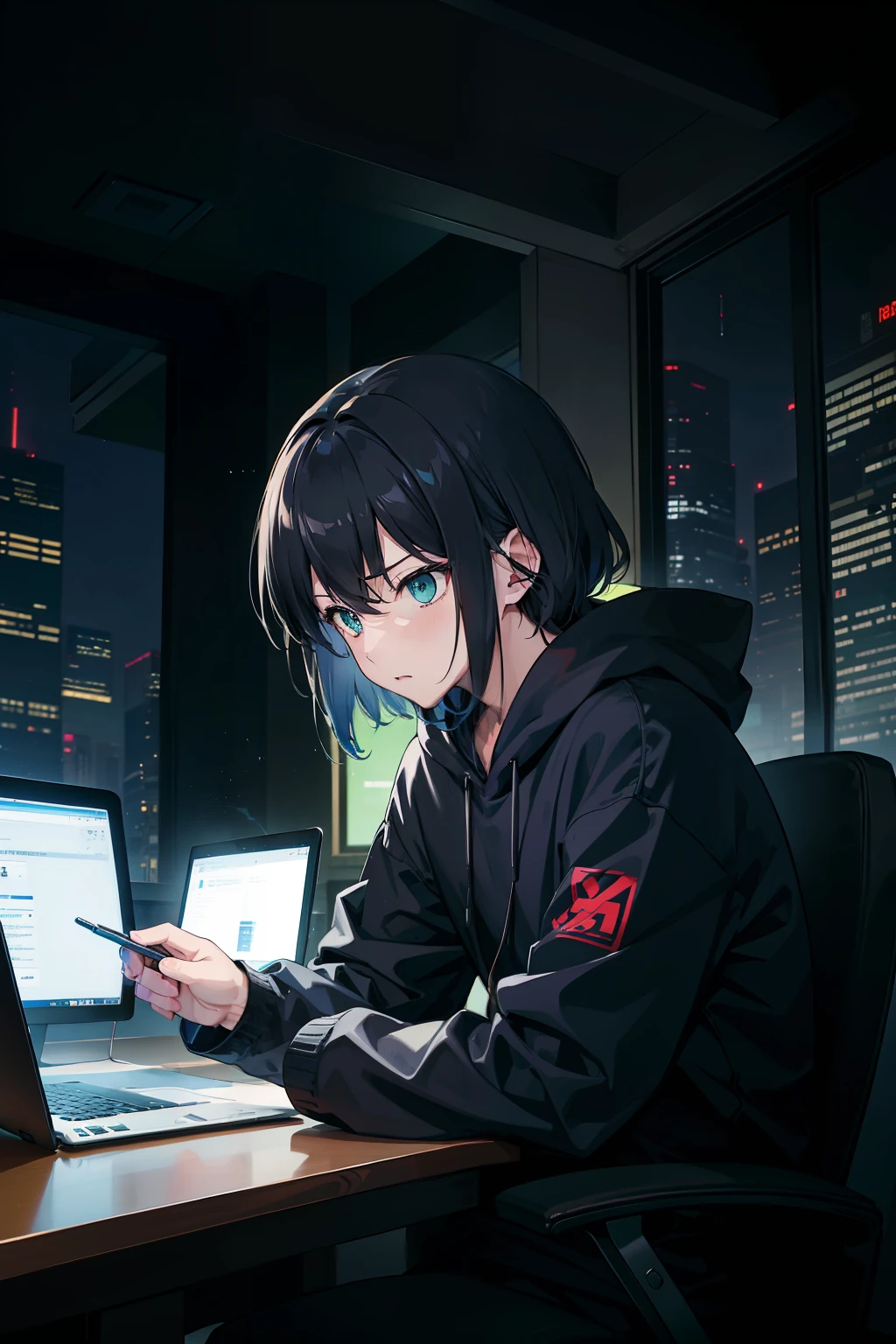 In this captivating anime-style illustration, the focus is on the incredible power of laptops and computers in the hands of skilled individuals. Against a striking green background, a mysterious male hacker donning a black hoodie sits, fully immersed in the digital world, surrounded by glowing lines of code and binary digits. His obscured face hints at the enigmatic expertise he possesses. In the backdrop of an ancient temple at night, Satoru Gojo from Jujutsu Kaisen stands with a powerful presence, but the spotlight is on the laptop before him. Its screen displays an awe-inspiring cascade of code, a testament to the sheer force of modern technology. The artwork masterfully portrays the fusion of these two worlds, where the hacker's digital prowess meets Gojo's mystical abilities. "Digital Sorcery: Unleashing the Code Mage" celebrates the immense capabilities of laptops and computers in today's world, representing the cutting-edge tools that empower individuals to achieve extraordinary feats.