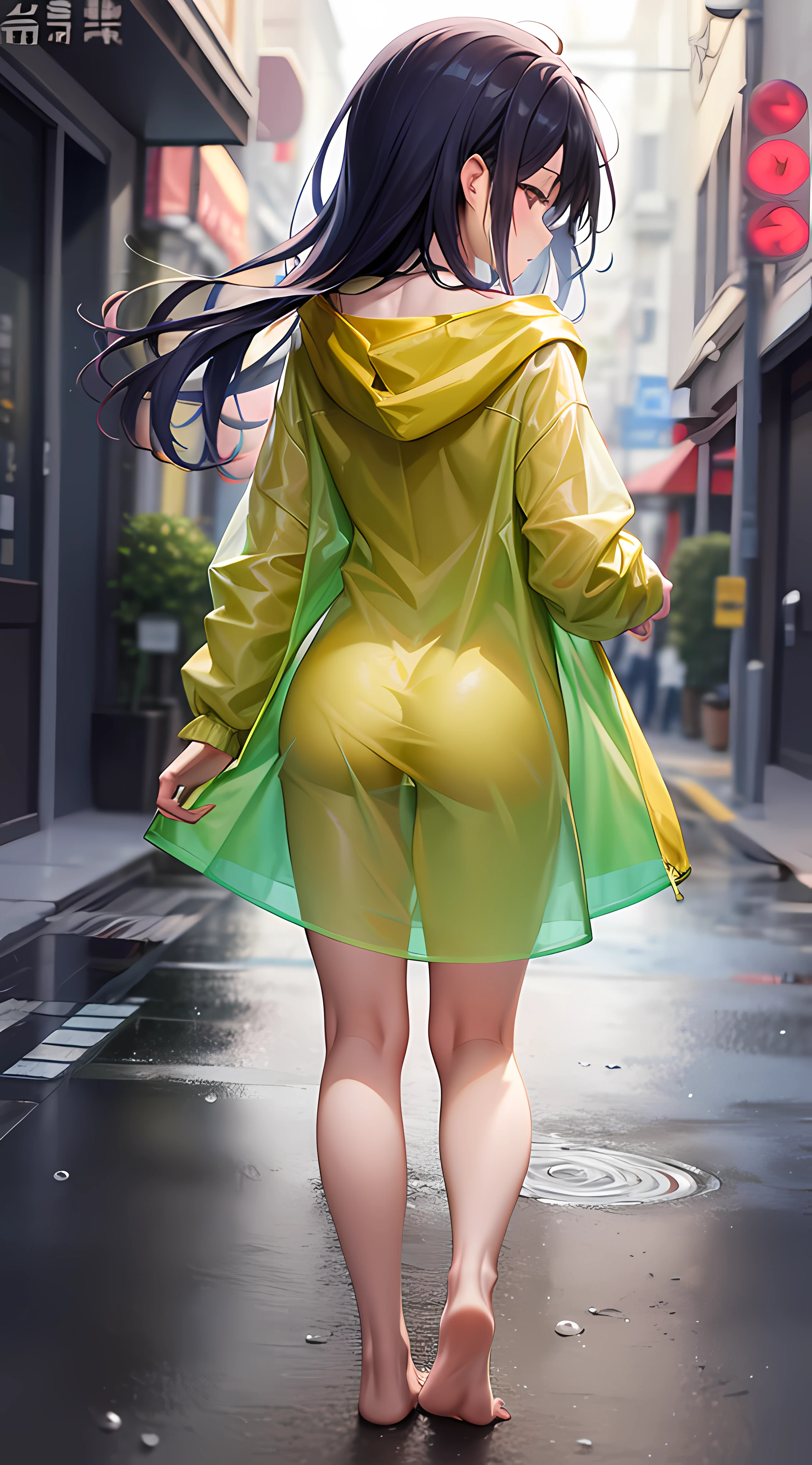 Yellow hood raincoat girl,Back view,Barefoot and barefoot,Accentuates the raincoat gel texture,Accentuates the translucent texture of the raincoat。