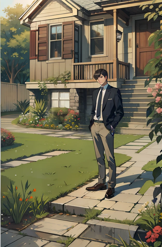 A young man stands in front of the house