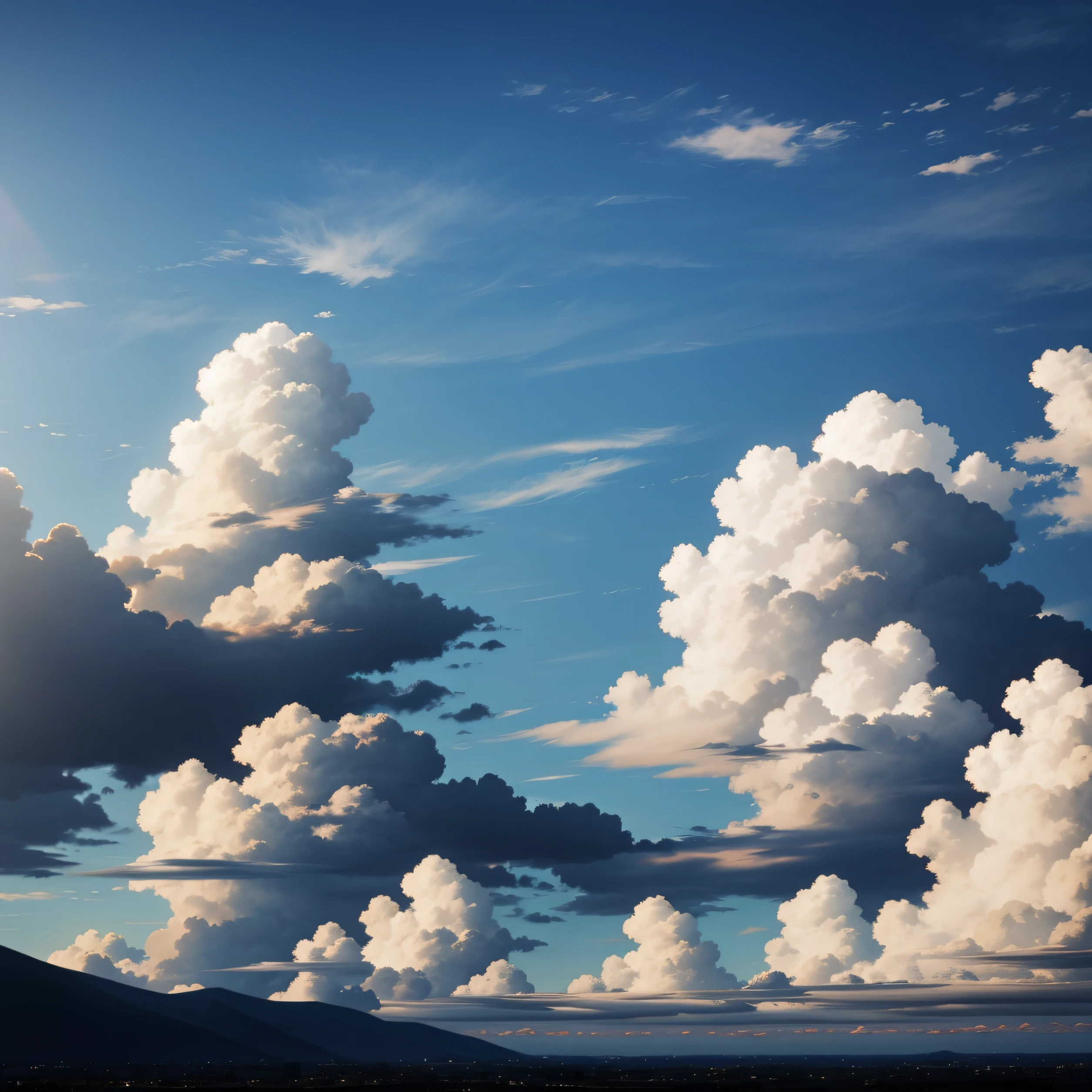 Skysky,ren,A small number of clouds,There is an open space in front,rays of sunshine