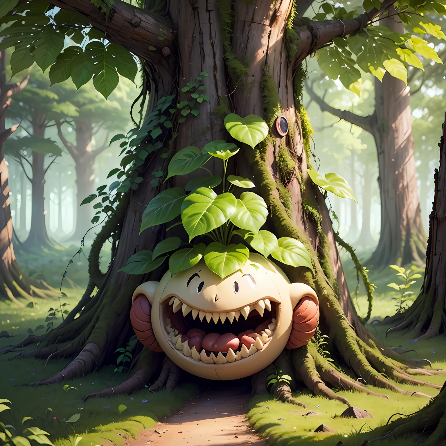 Magic plant with huge leaves that look like teeth and thick stem in the middle of the forest. Realistic, high quality, 16:9 --auto --s2