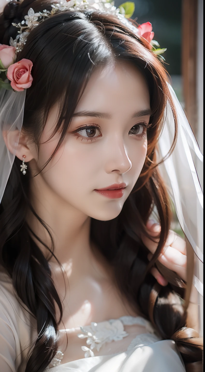 Beautiful bride, red wedding dress, delicate facial features close-up, shy, waiting to be married, fat body, full body photo, gentle eyes, no eye bags, light makeup