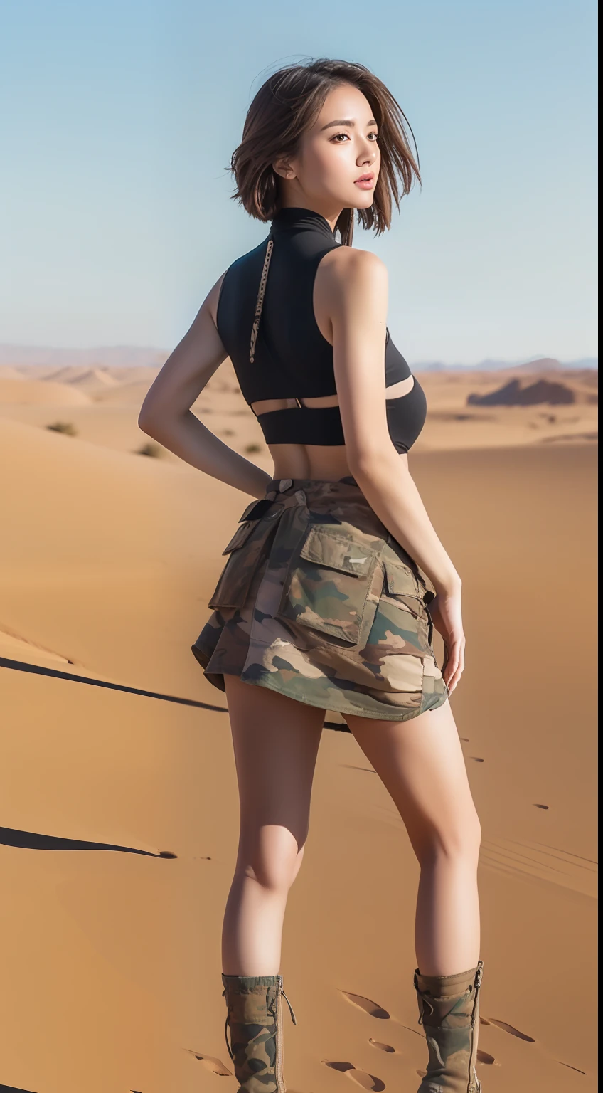 1girl in, magnifica, Elegant colors, (realisitic, High Details, ​masterpiece, ultra-detailliert, dynamic ungle, magnifica, 电影灯光, illustratio, Chiaroscuro, Back lighting, God Light, japanes,short-hair, top-quality, top-quality, Wearing a tight desert camouflage vest, Front fully open、Small string bra、Wearing a short skirt in desert camouflage, Good looking pose, a belt, Wearing a military watch, Desert camouflage and armored car on background, digitial painting, Colossal tits、ighly detailed, ultra-quality, professional photograpy, 8K、Ulutra HD、desert background、Authentic skin texture、Normal intact fingers、correct facial features、Clear focus、Eye-catching lighting、blue open sky、(fullllbody:1.3)、Short boots