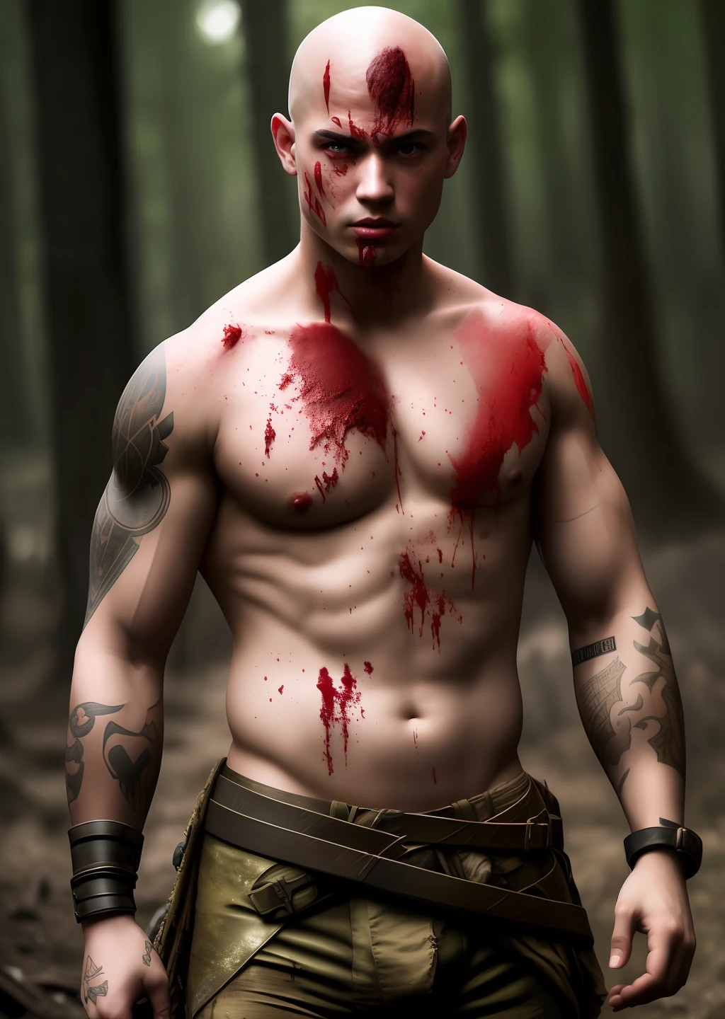 The Young Soldier, fantasy, dinamic lighting, Fantasy art, higly detailed, dramatic  lighting, woods, bokeh, Strong, bloodied, Scarred body, Aggressive face, (((torn rags ))), (((briefs))), Scars, bald head, muddy, bust