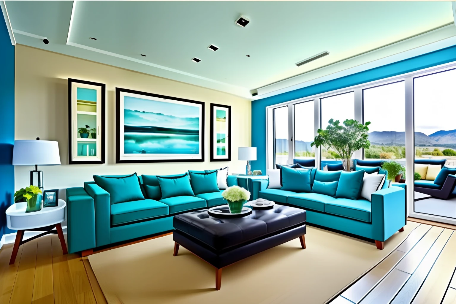 Living room, large window with a view, cuntains, two plants in pots, large L-shaped sofa in black, green and blue cushions, glass coffee table, tv, some pictures on the very pale blue wall, large tv, wooden floor.