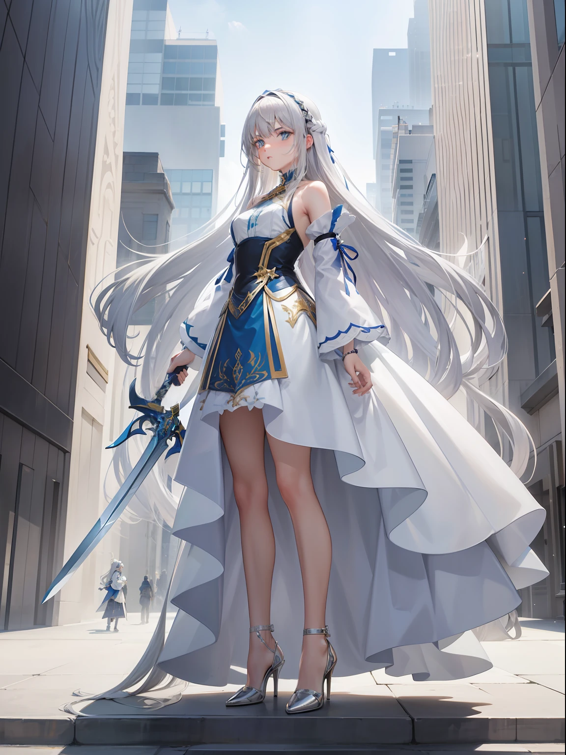 Silver-white girl with long hair，Dressed in a dress trimmed with white and gold，Stand on a towering building，Wear high heels，Sword in hand，（best qualtiy：1.4）， （A detailed：1.5）， （tmasterpiece：1.3），