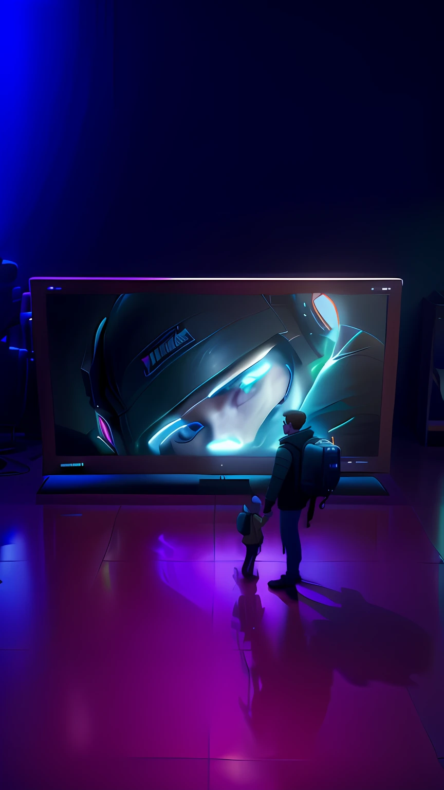 In front of the big screen stands an adult holding a child。, videogame 3d render, in game style 8k, 4 k concept art, 4K concept art, 8k hd concept art, 3 d videogame render, High resolution 8K, 8k concept art, 8 k concept art, 8 K high detail concept art, cyberpunk art ultrarealistic 8k,(High-quality graphics),((tmasterpiece)),(Real-world scenarios),(Human body structure:2.0),(Hollywood-style lighting effects),(Real-world scenarios),(Character facial details:1.8),(((The overall picture brightness is increased:1.8)))