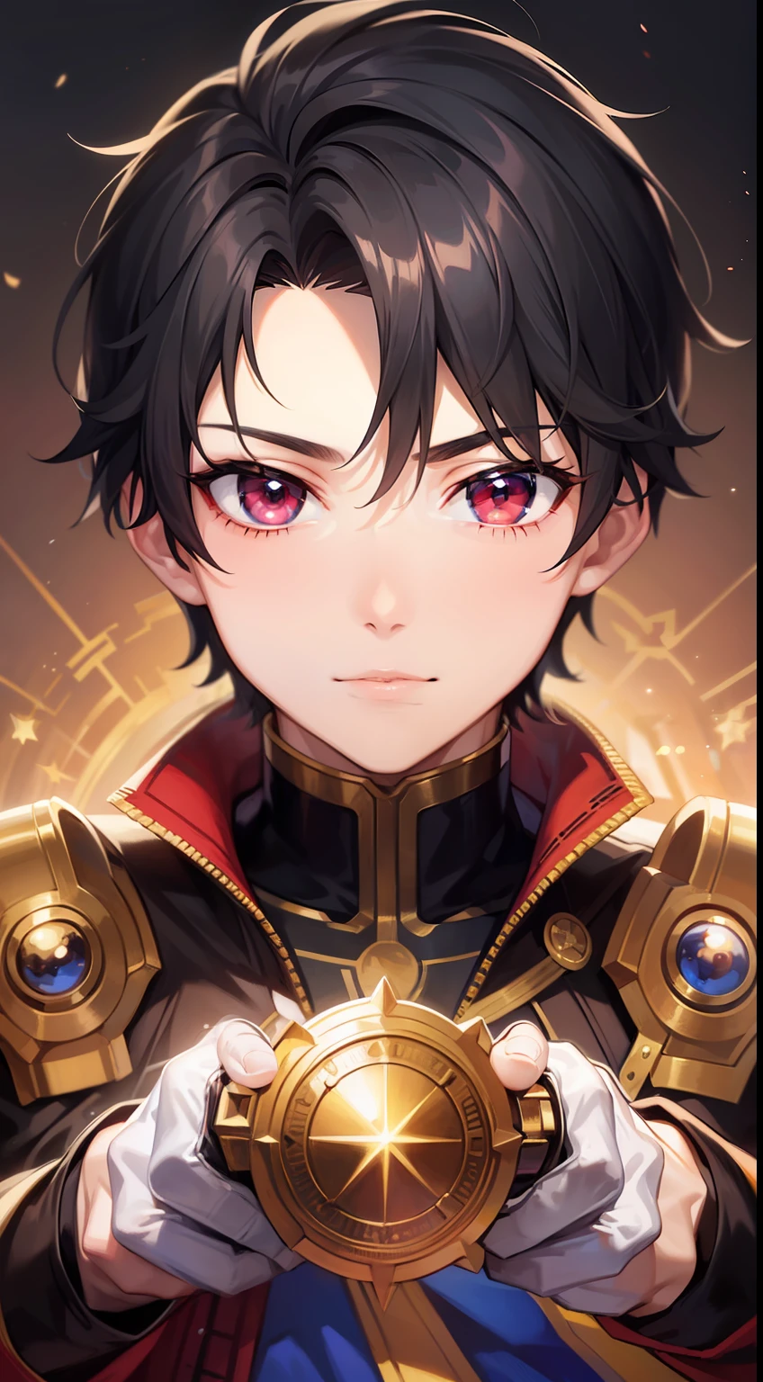 Young guy, short black hair, The eyes are red, Royal Uniform, The Infinity Gauntlet, Masterpiece, hiquality