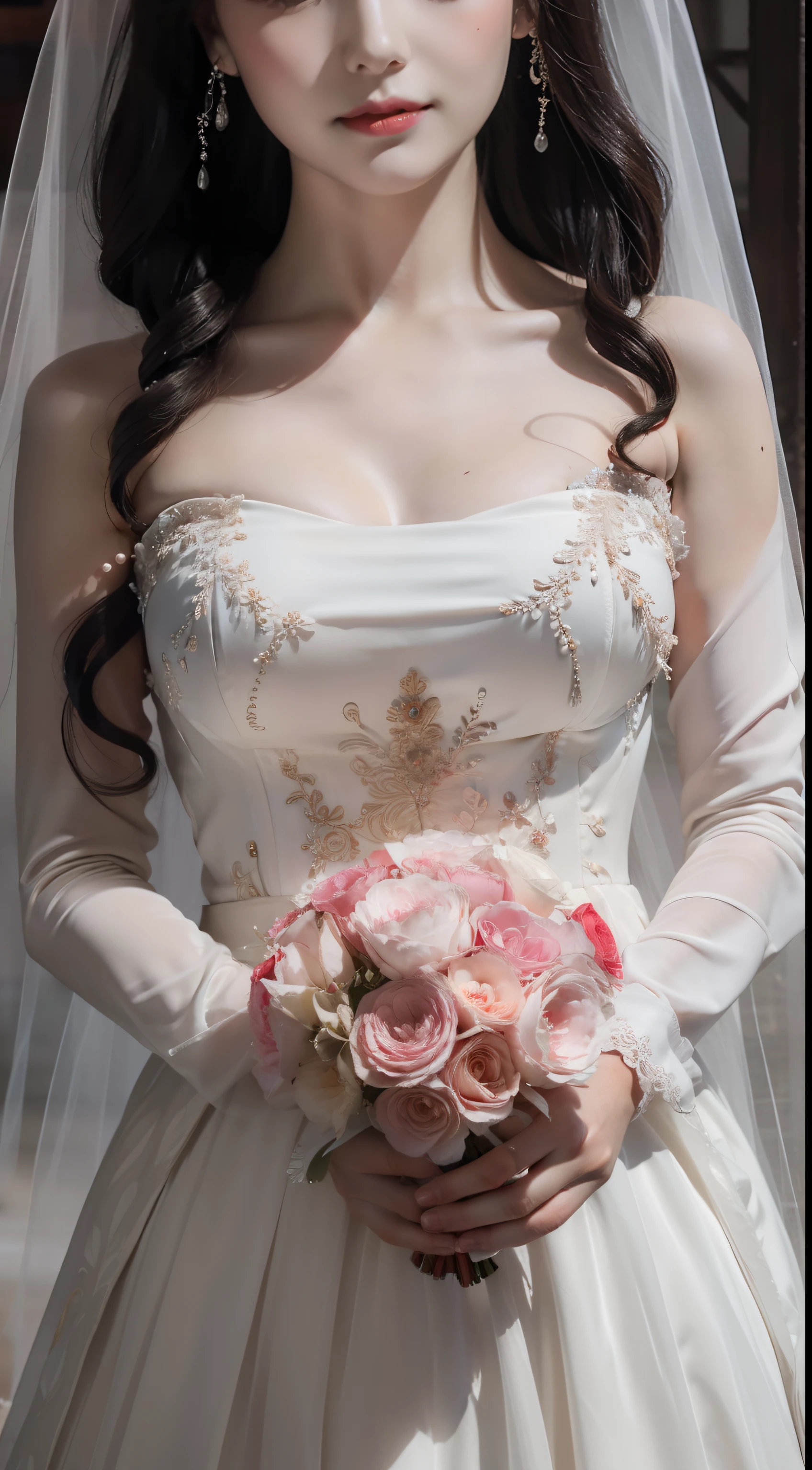 Beautiful bride, red wedding dress, delicate facial features close-up, shy, waiting to be married, fat body, full body photo, gentle eyes, no eye bags, light makeup